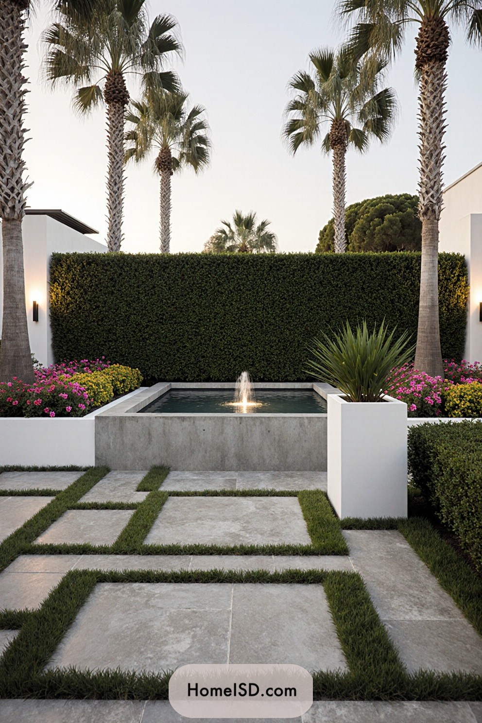 A geometric layout leads to a modern water feature backed by tall hedges and palm trees
