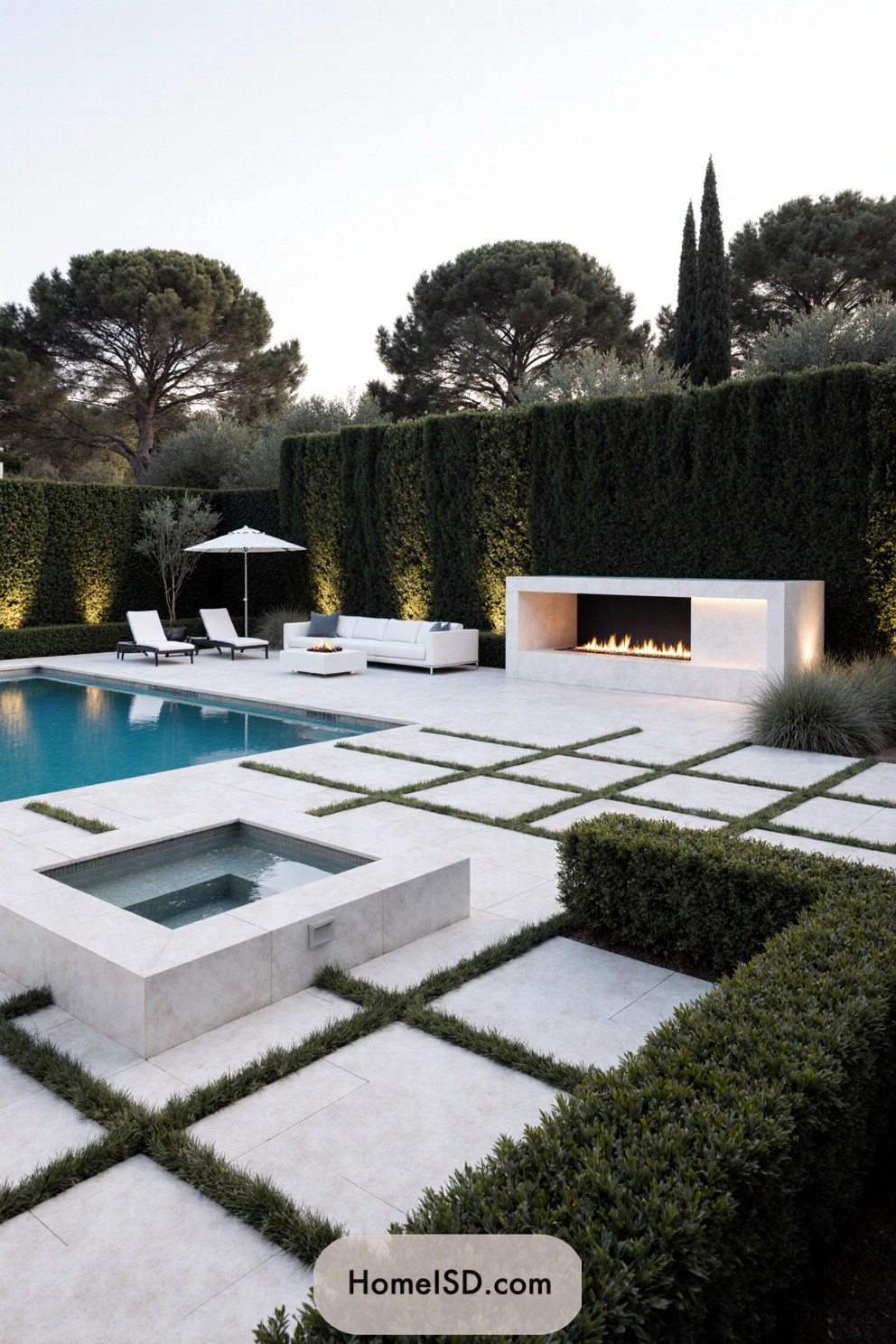 Elegant outdoor space with pool and fireplace
