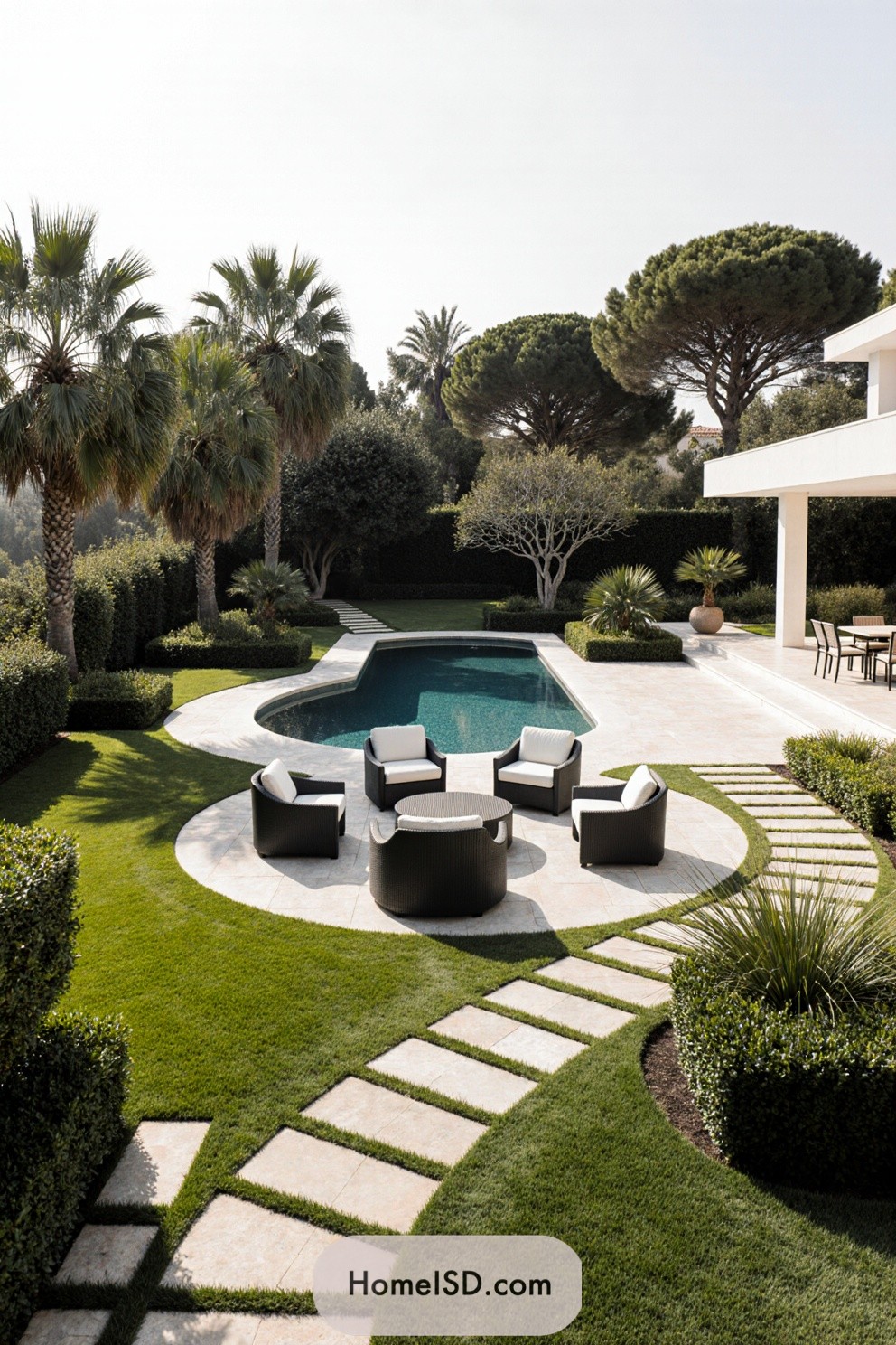 Outdoor seating area by a pool surrounded by palm trees and greenery