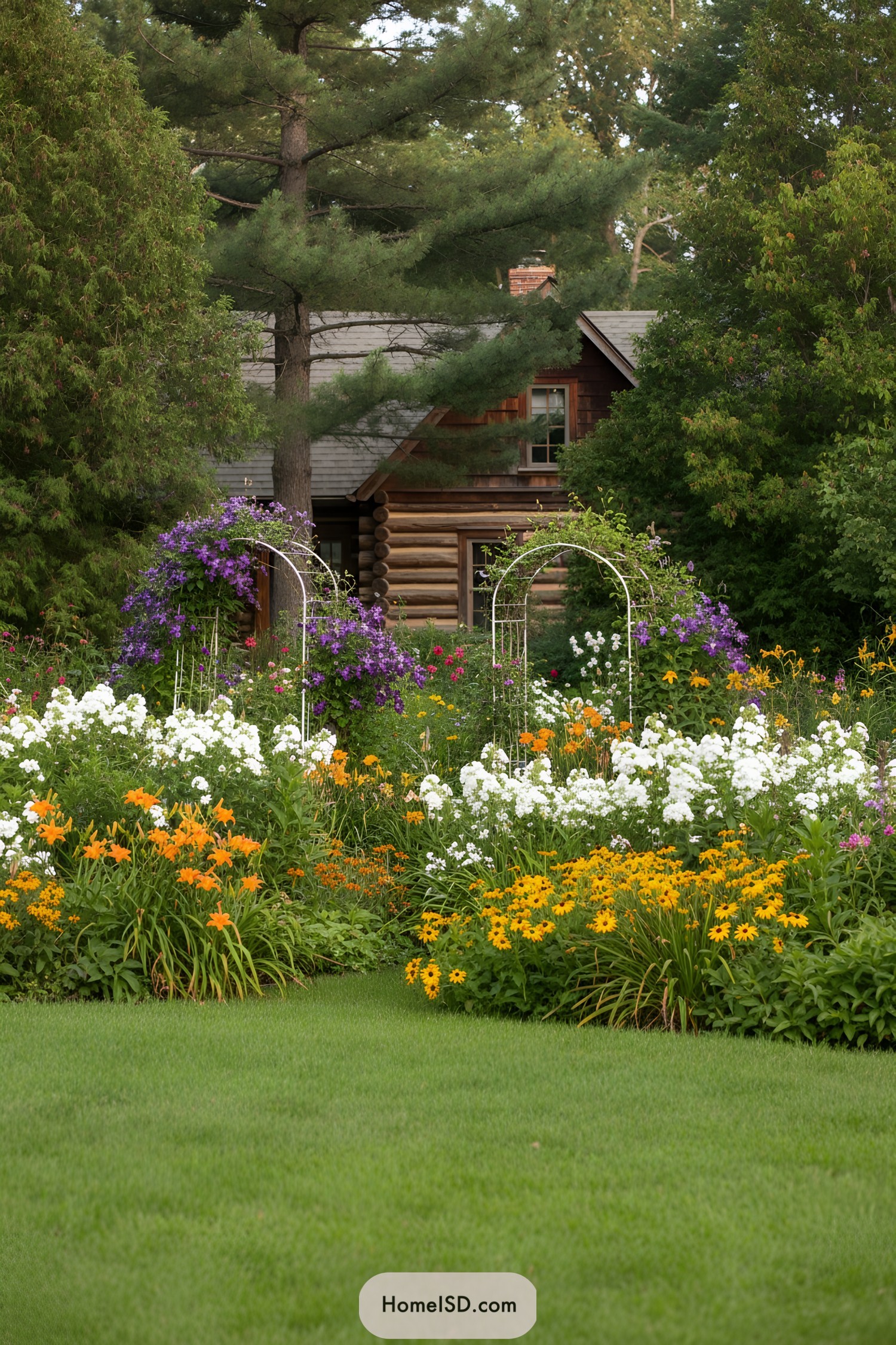 A vibrant garden with colorful flowers and a charming log cabin