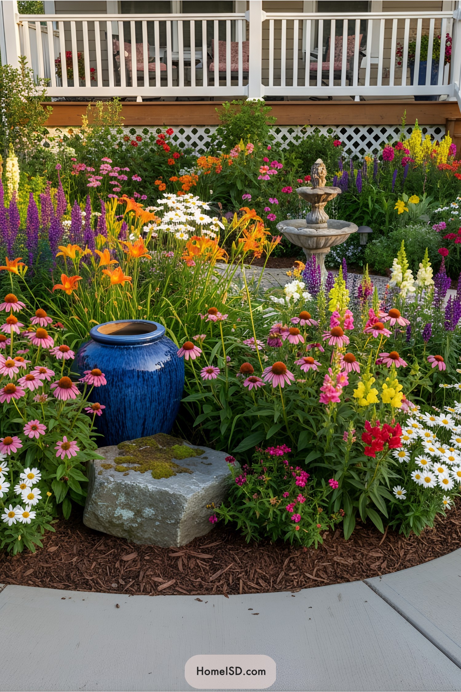 Colorful garden with flowers and a fountain