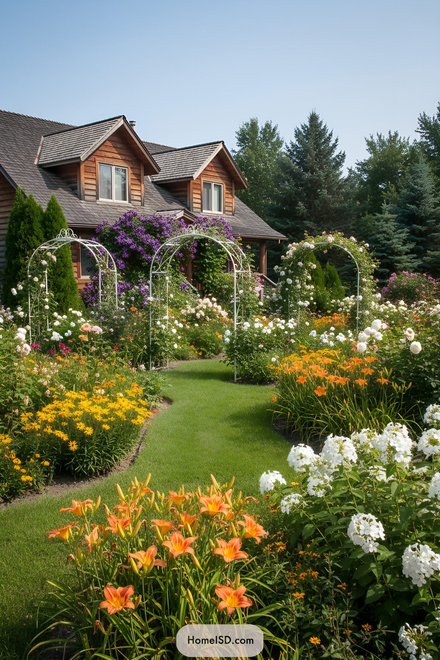 Colorful flower garden with arched trellises