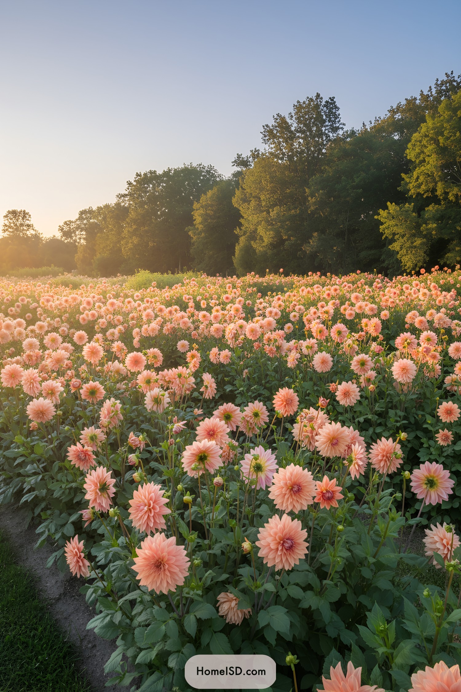 A field of soft pink dahlias in bloom under a clear sky