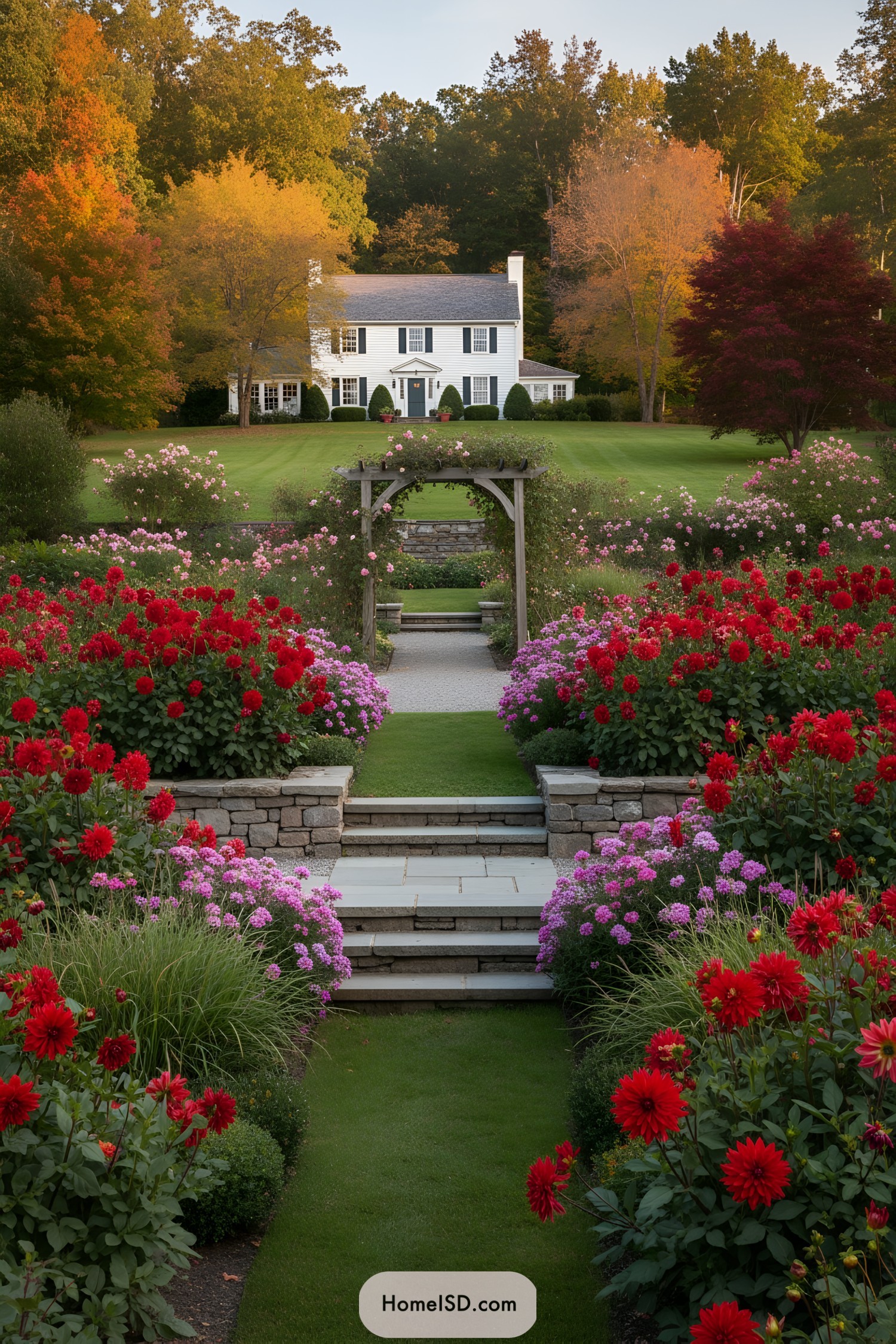 Vibrant garden with red and pink dahlias leading to a white house