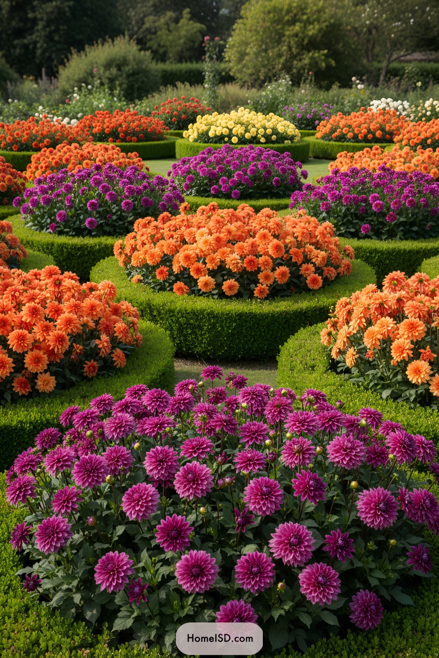 Colorful dahlia flowers in neatly trimmed garden beds