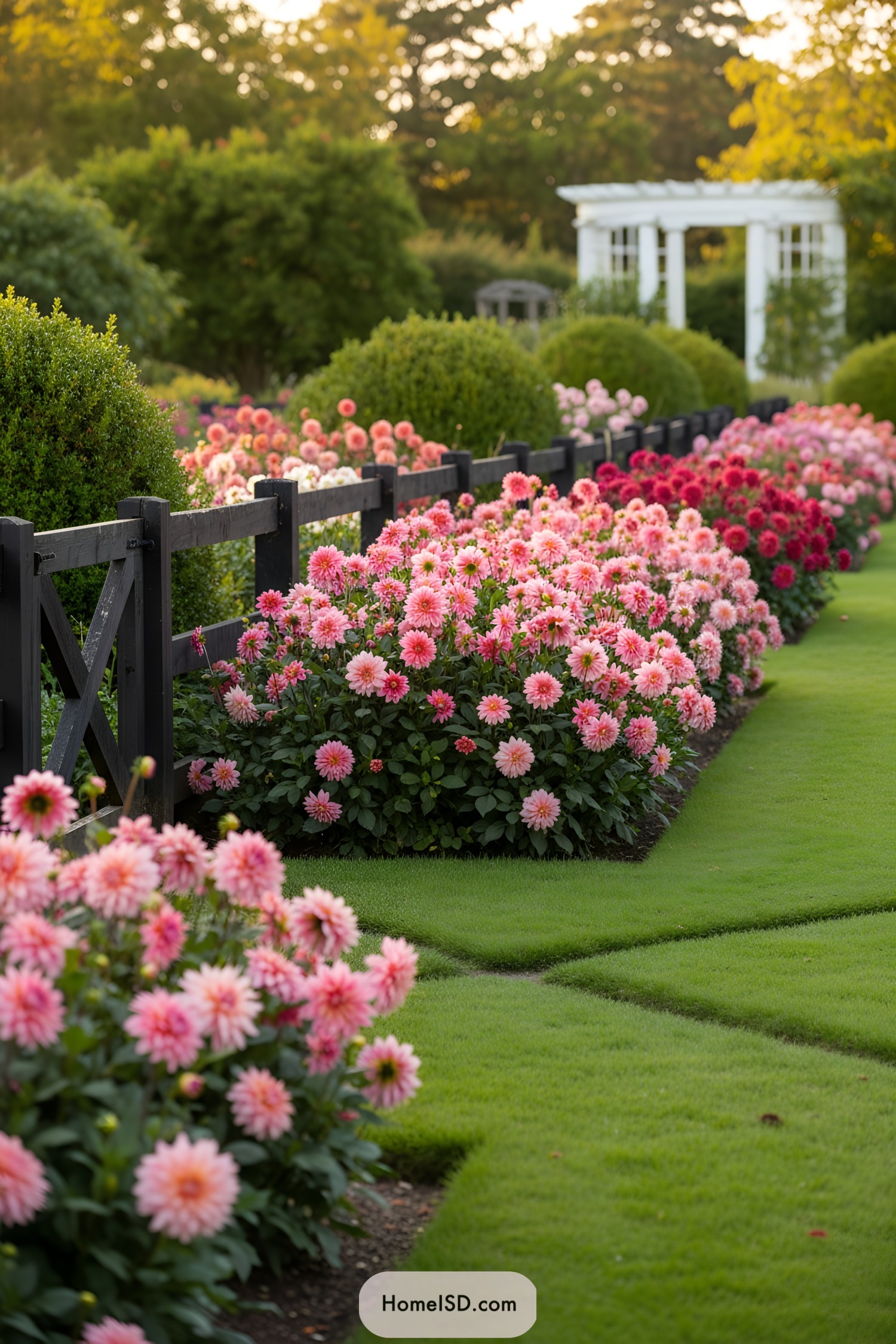 Vibrant rows of blooming dahlias with a rustic wooden fence and green lawn