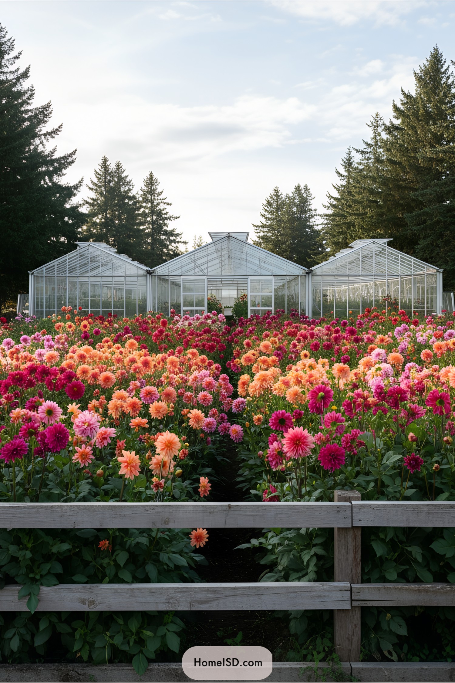 Vibrant dahlias in front of modern greenhouses