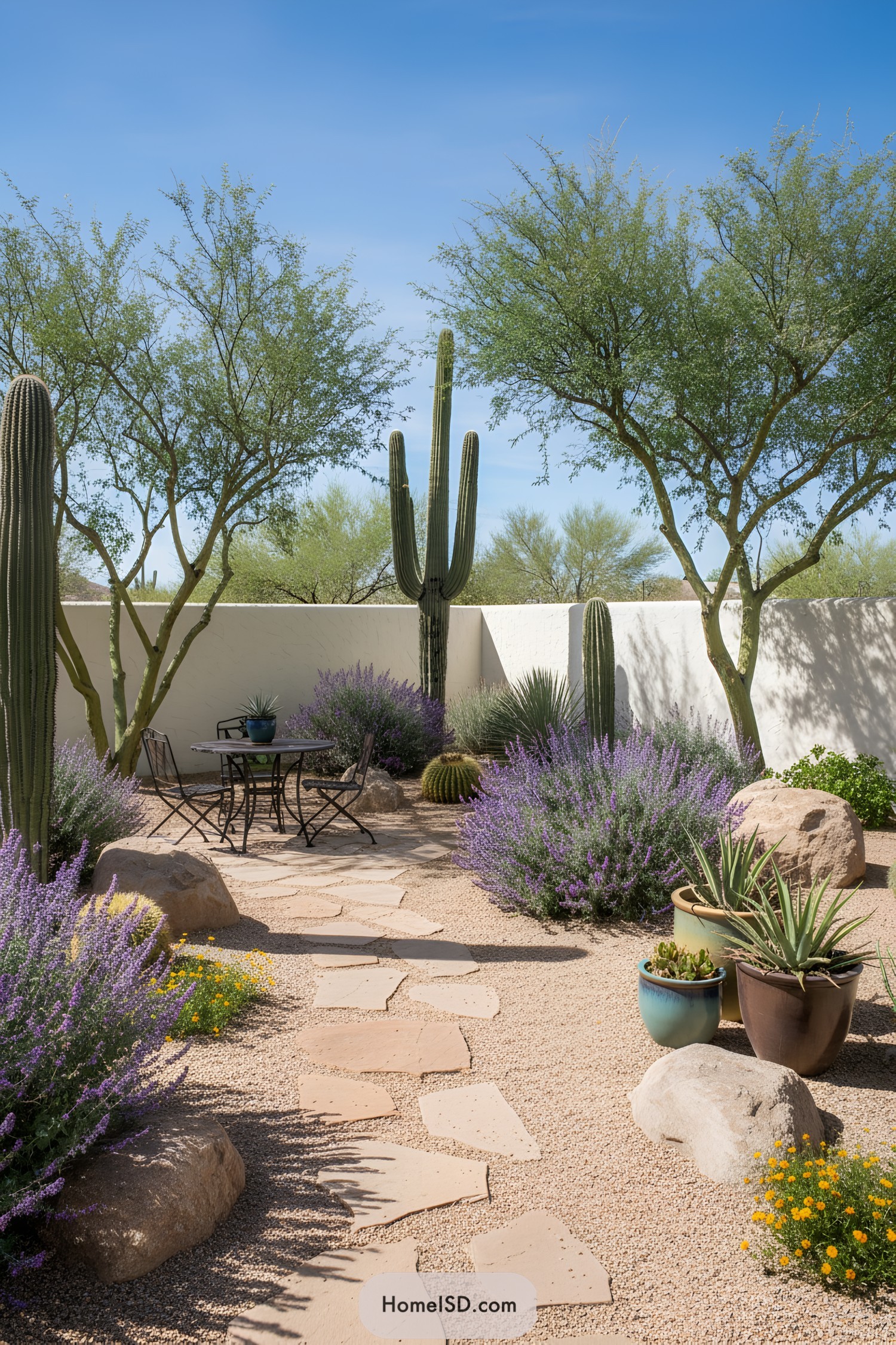 Desert garden with path, cacti, and seating