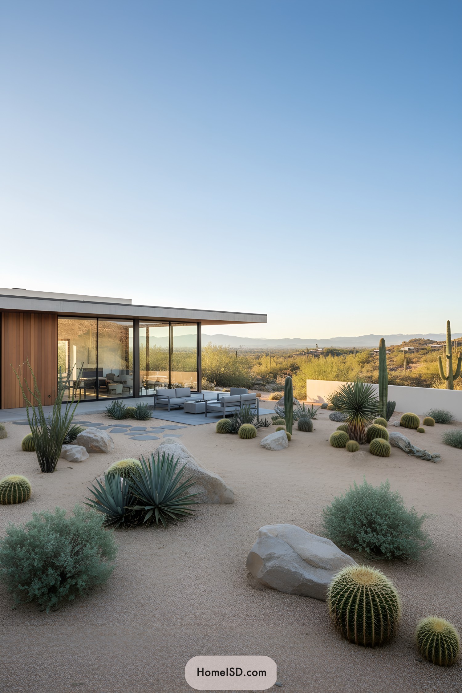 Contemporary desert landscape with cacti and modern patio
