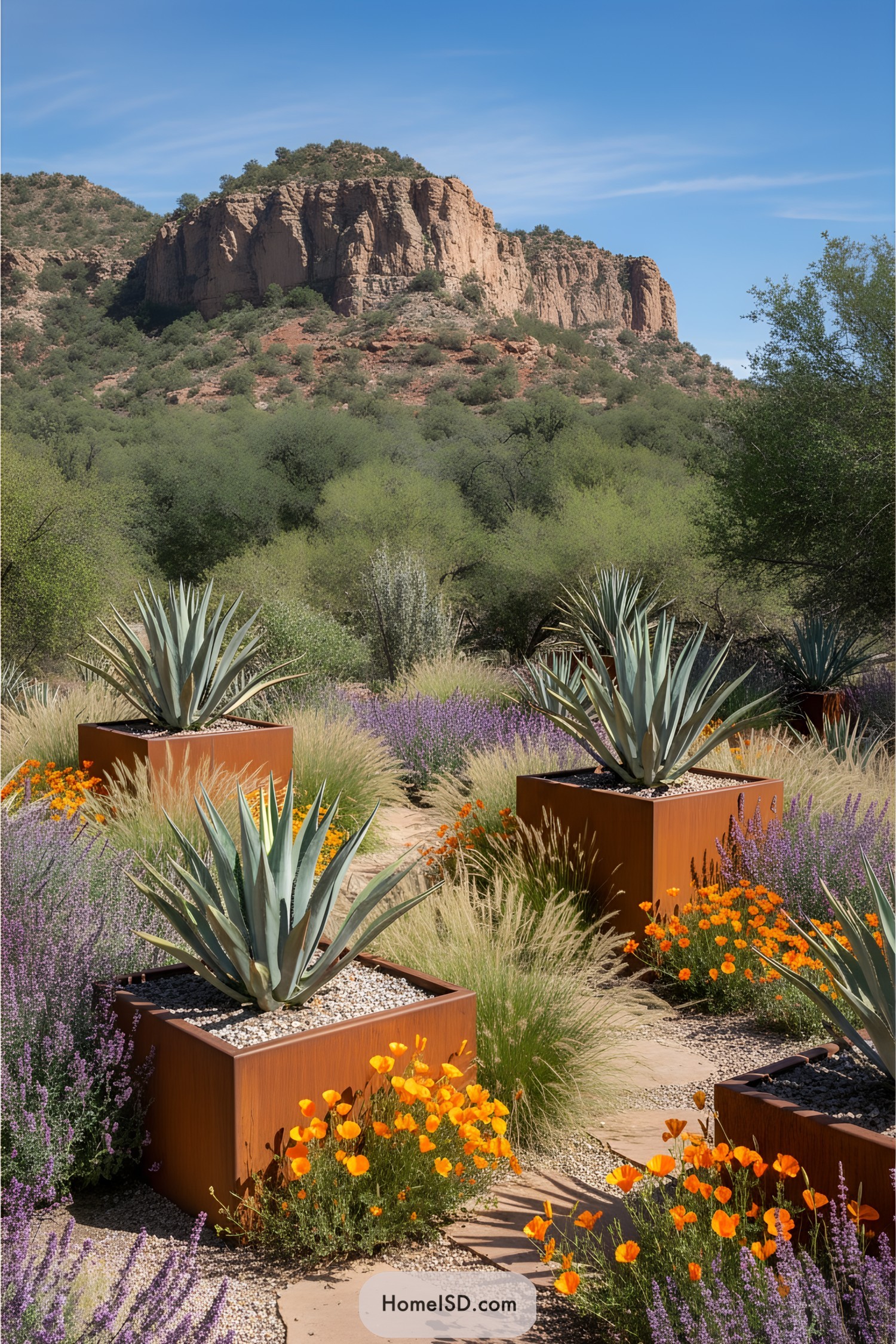 Vibrant desert garden with cacti and wildflowers