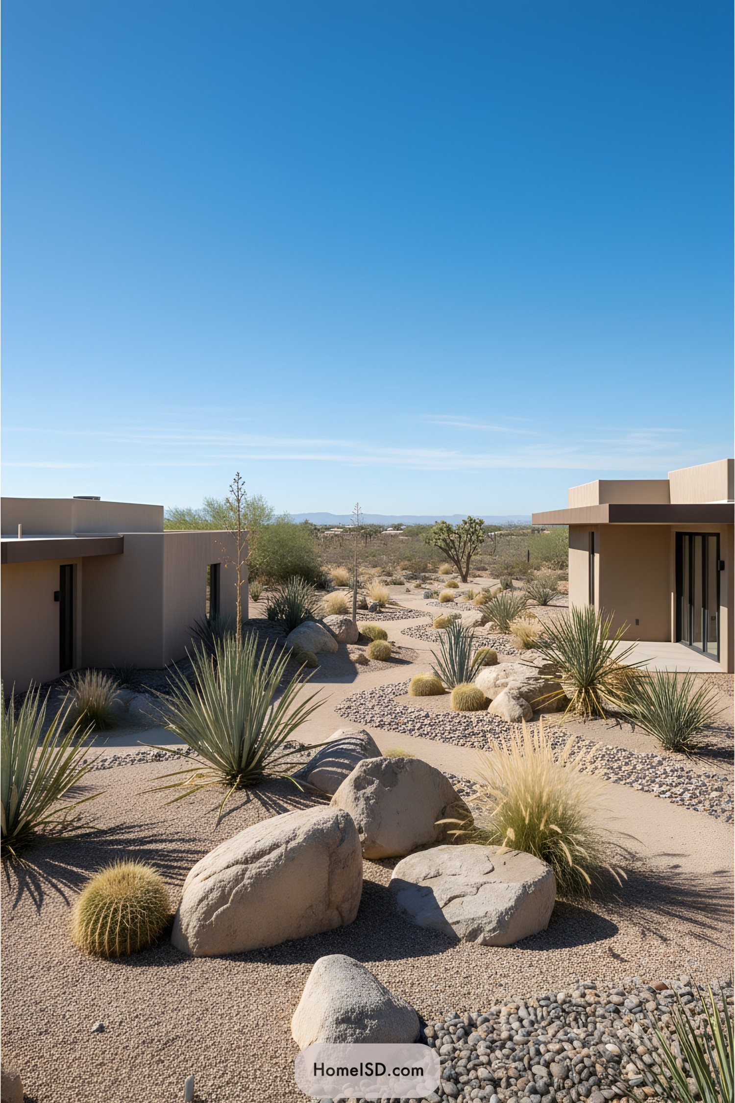 Contemporary homes with desert landscaping and cacti