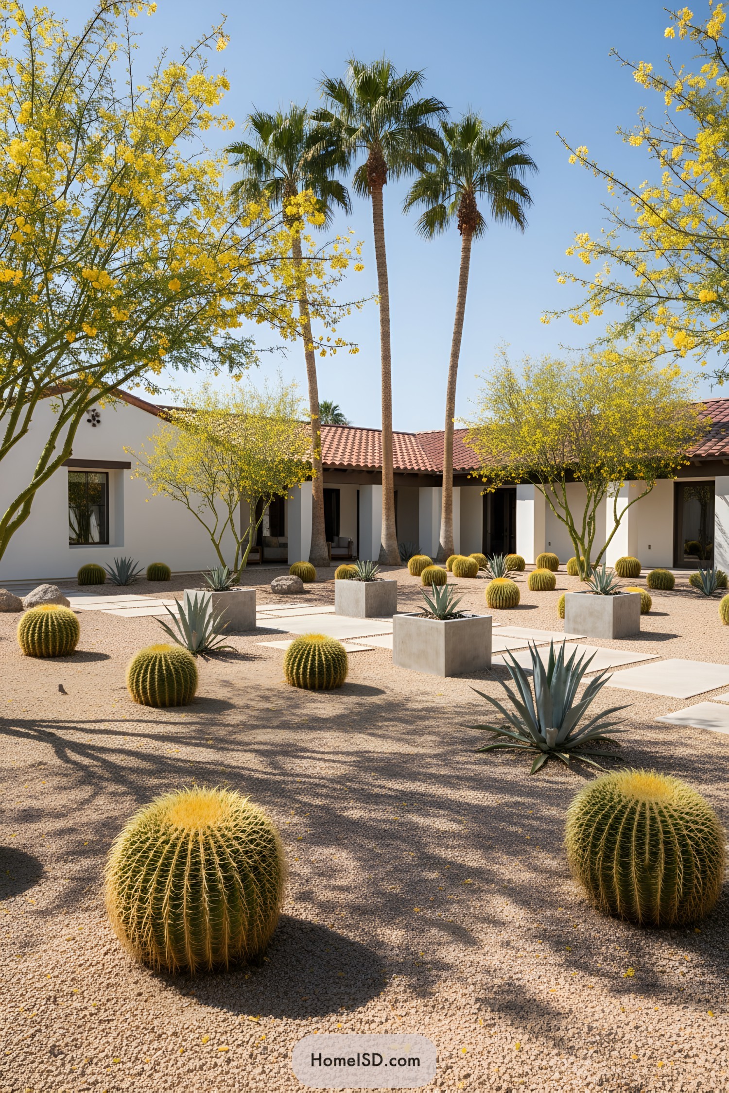 Desert courtyard with cacti and palm trees