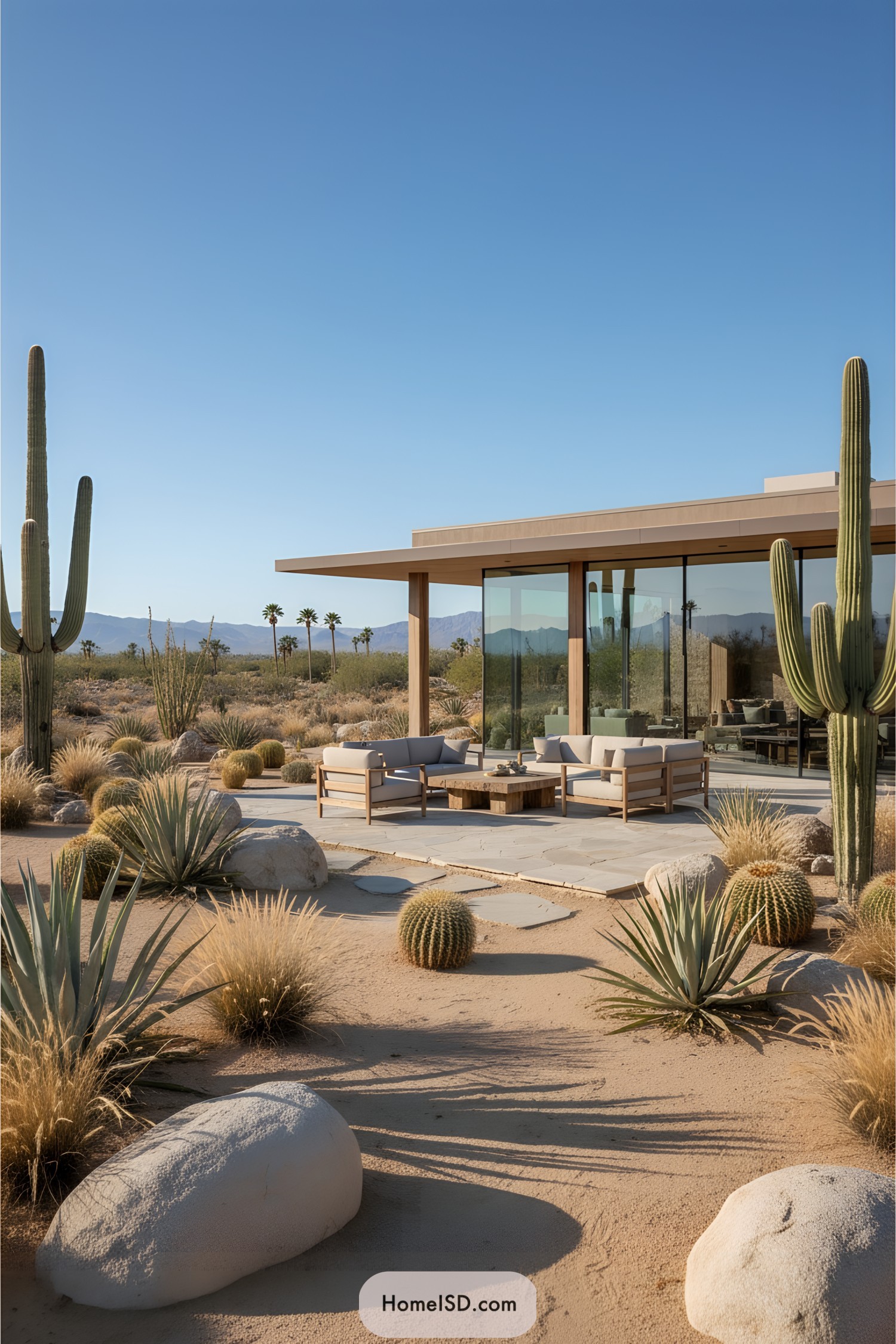 Cactus-lined patio with outdoor seating