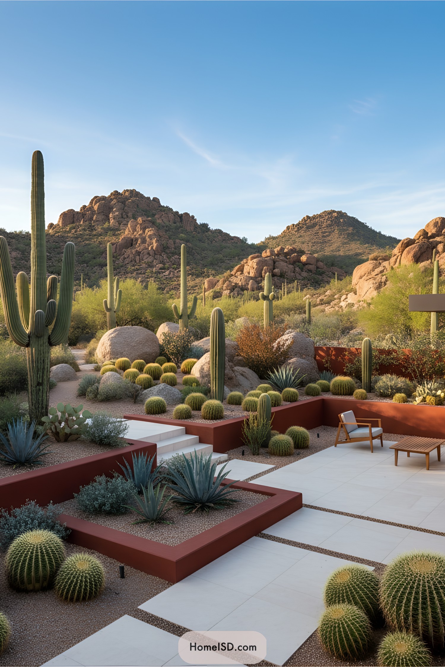 Layered desert landscape with cacti and seating area