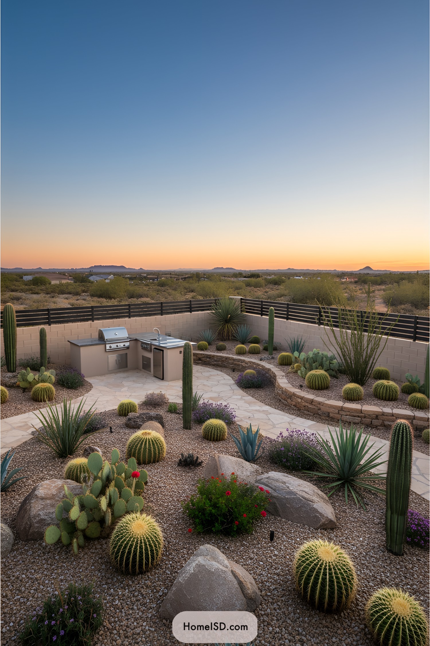 Desert garden with cacti and outdoor kitchen at sunset