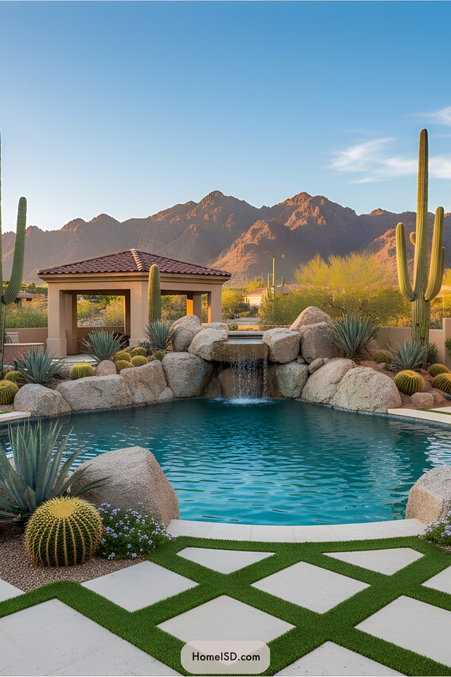 Luxurious pool with cacti and mountain backdrop