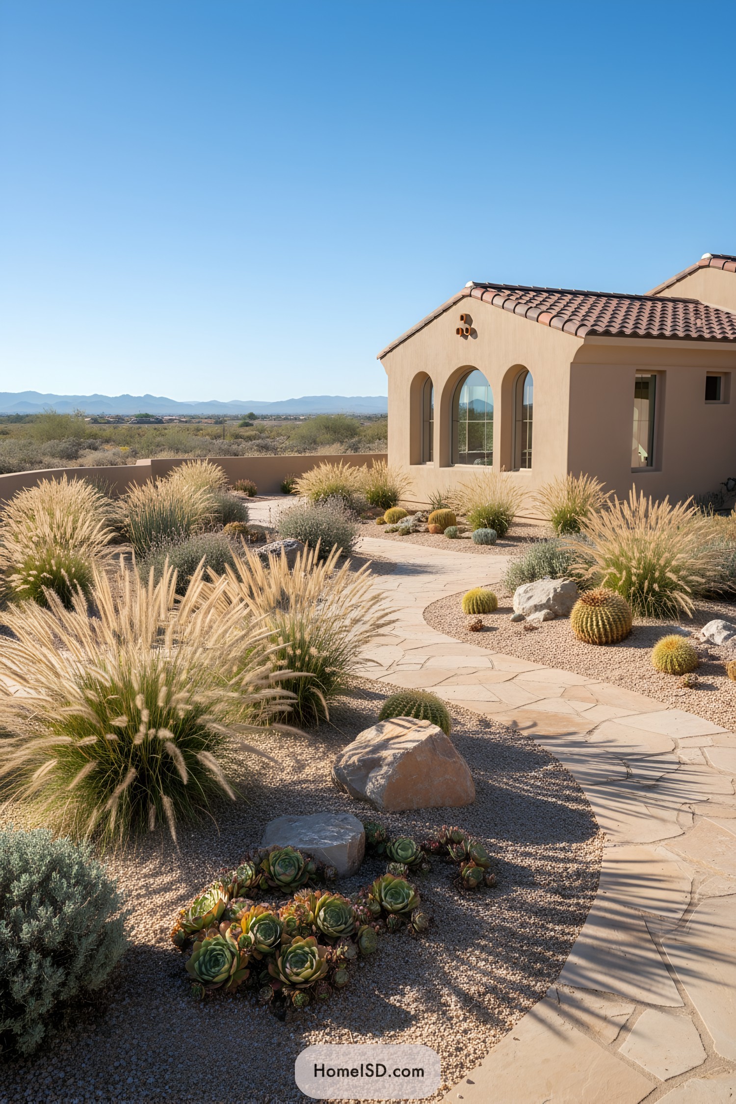 Pathway surrounded by desert plants and cacti under a clear sky