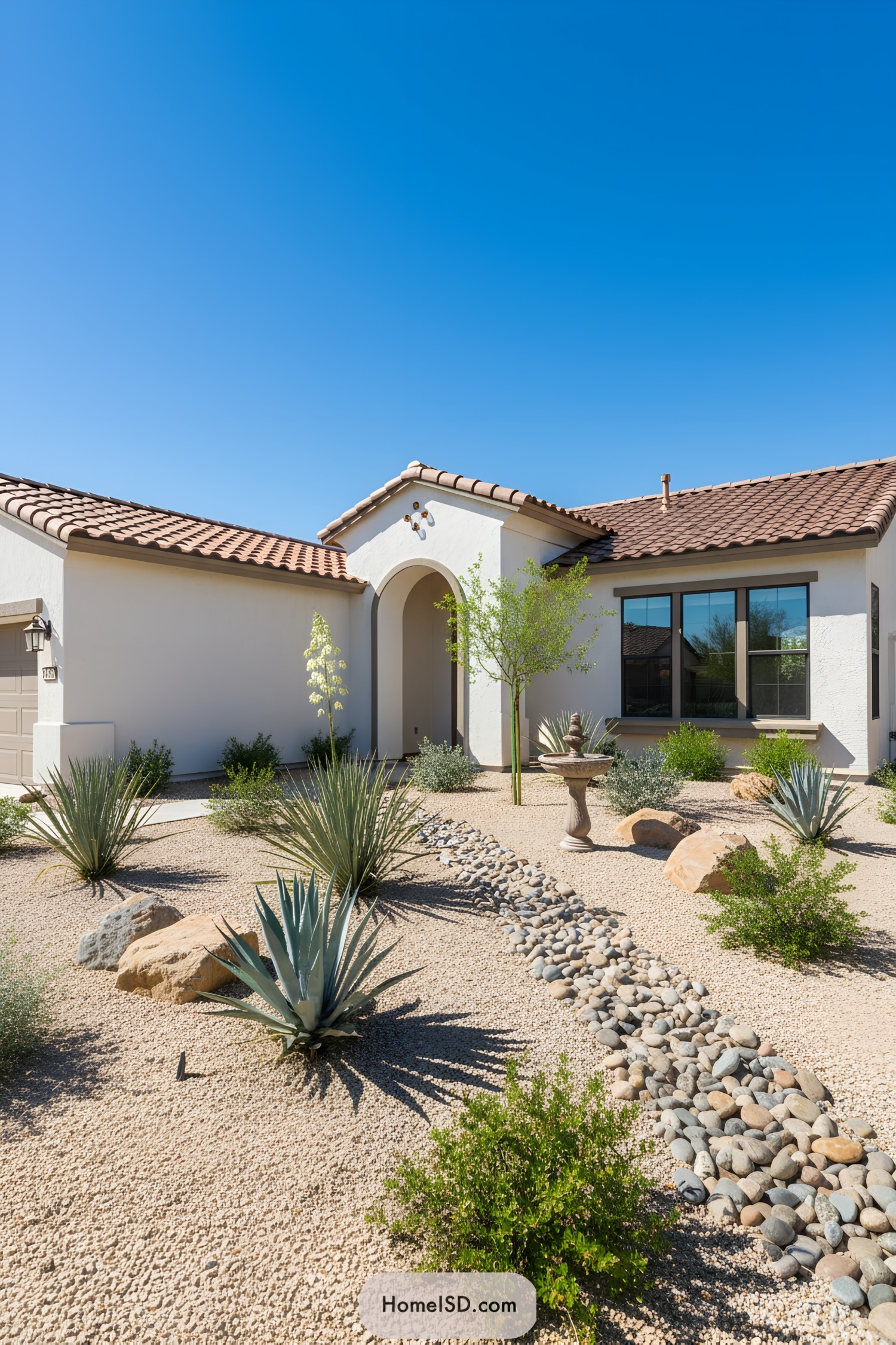 Exterior of a desert home with xeriscaping and succulents