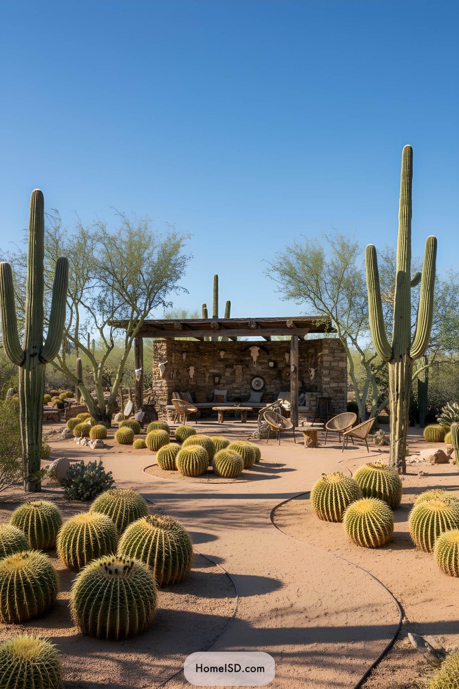Sunny desert garden with tall cacti and seating area
