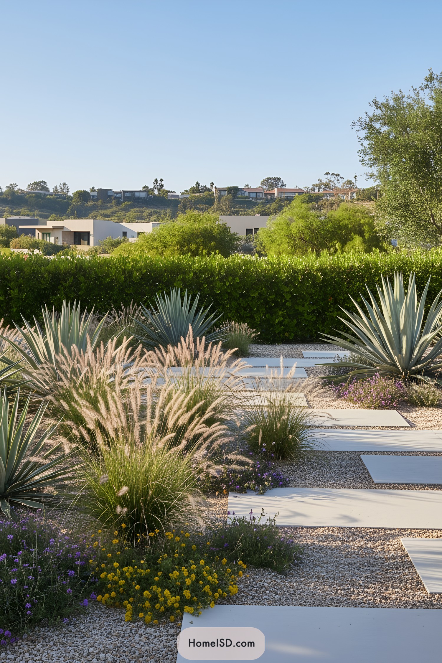 Desert landscape with agave, ornamental grass, and a stepping stone path