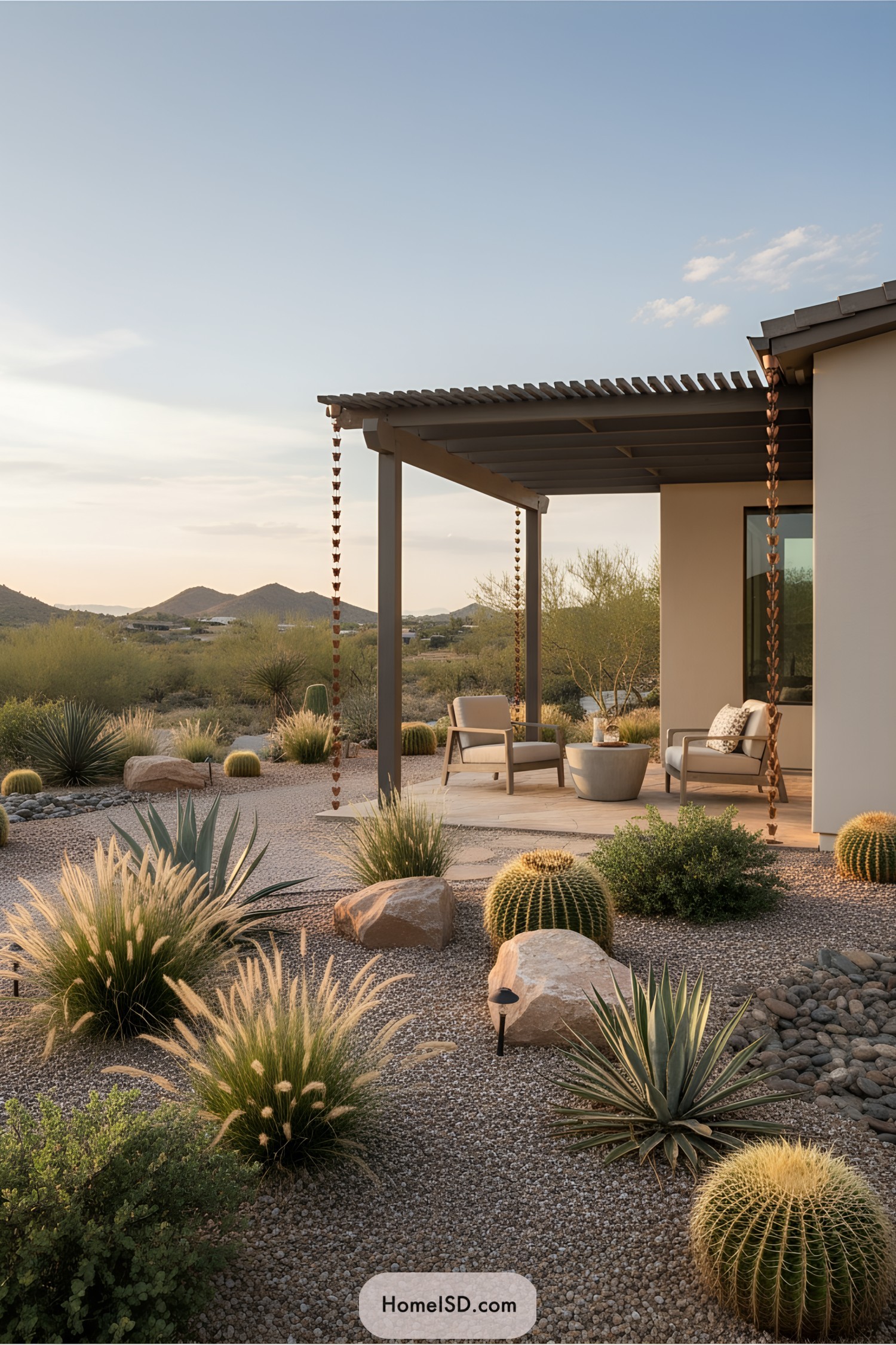 Desert patio with cacti and outdoor seating