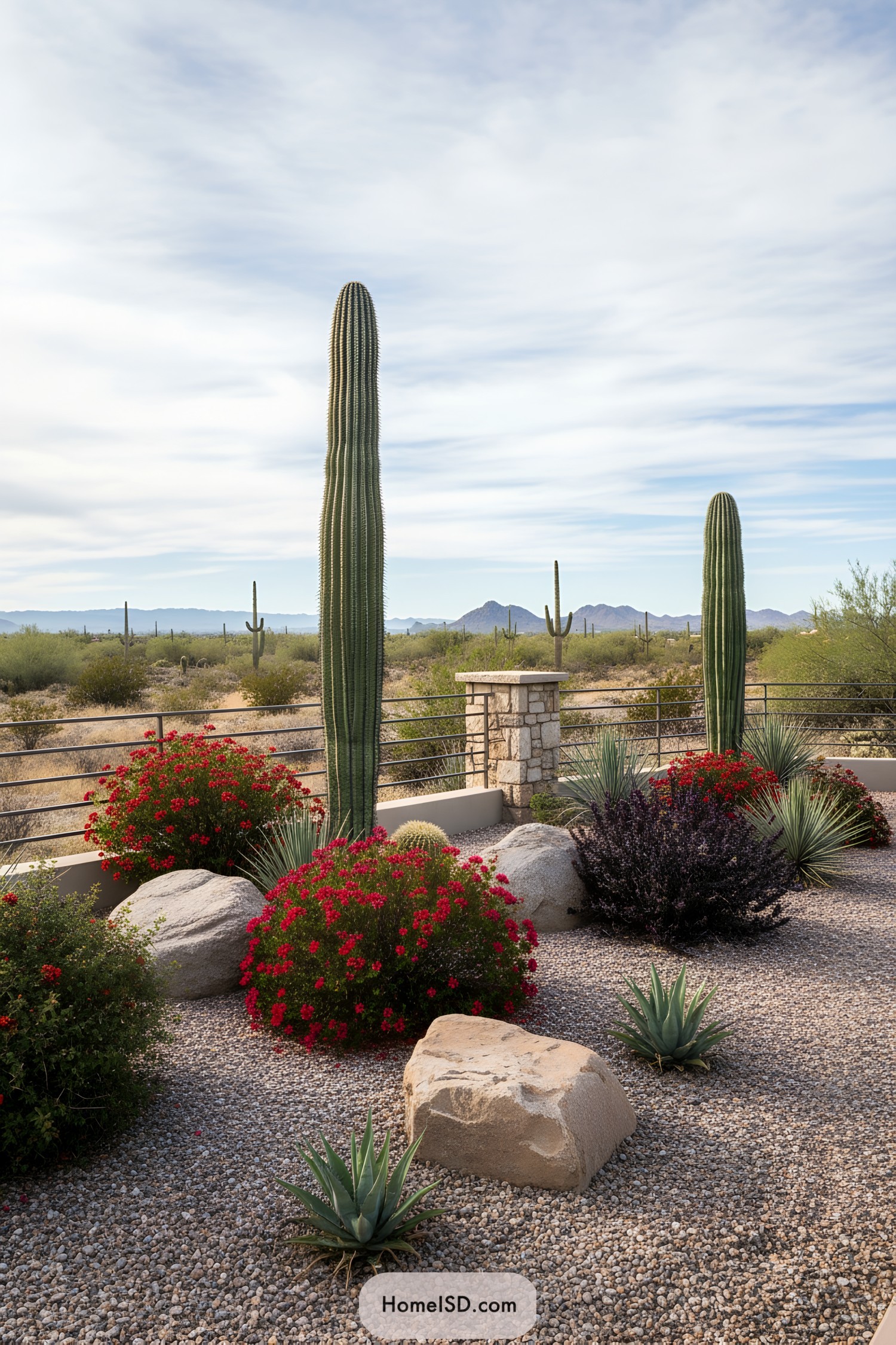 Tall cacti with lush shrubs and boulders in a desert garden