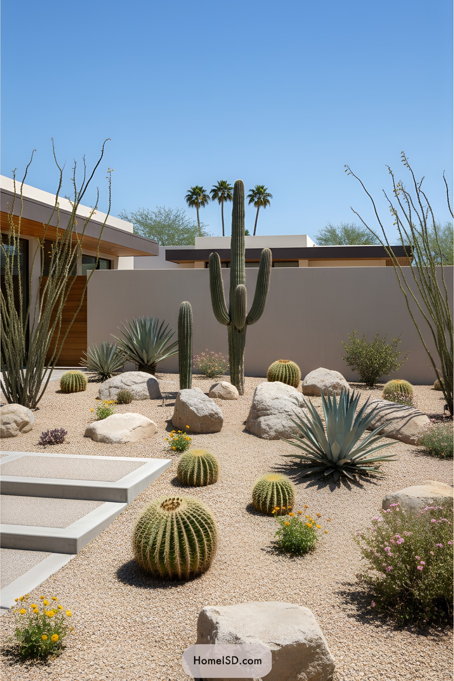 Modern desert garden with cacti and rocks