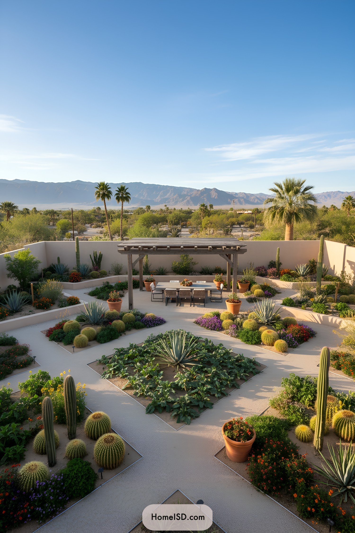 Vibrant desert garden with cacti and colorful plants under a clear blue sky