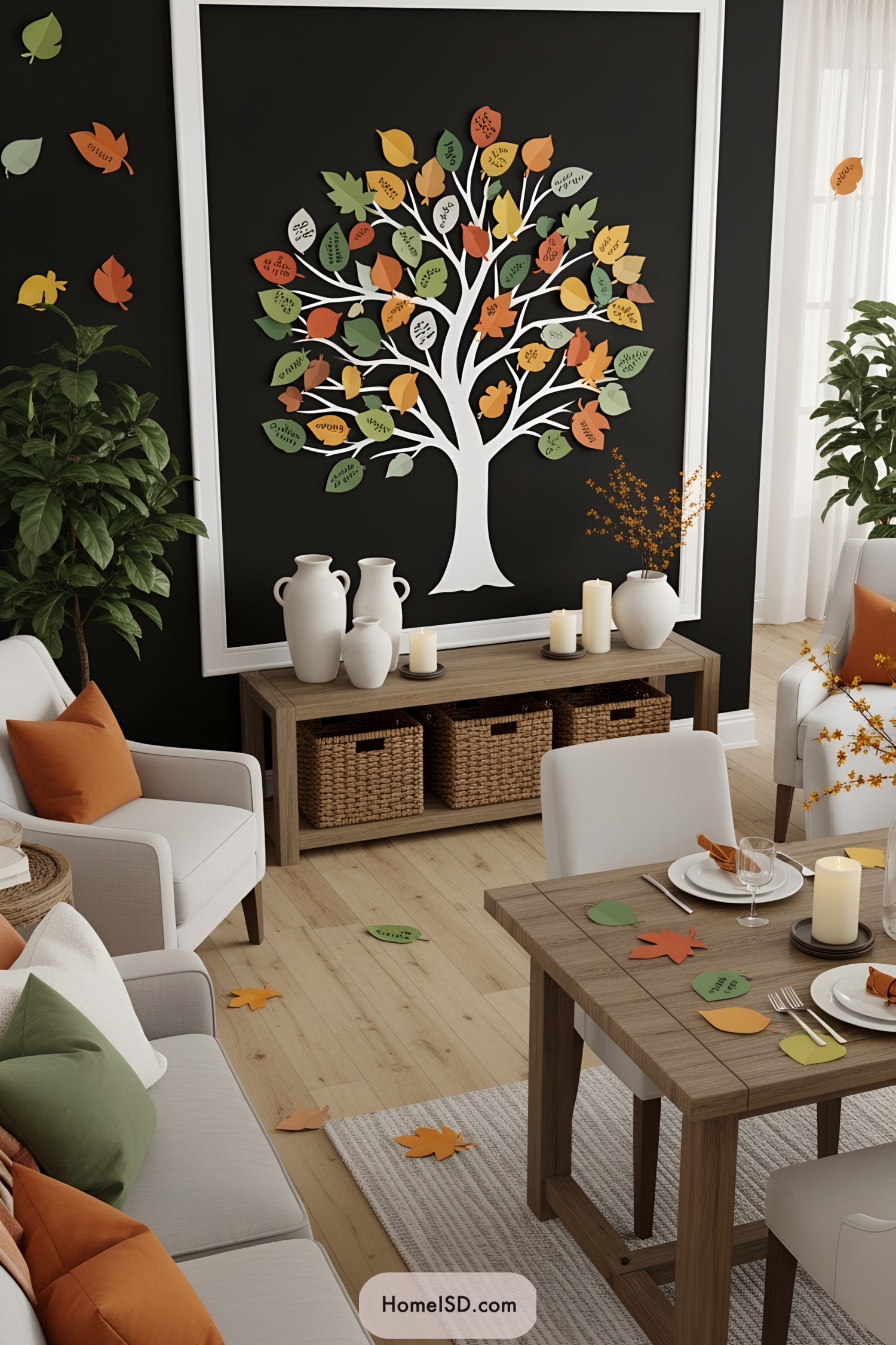 Thanksgiving tree decor with autumn leaves in a cozy living room