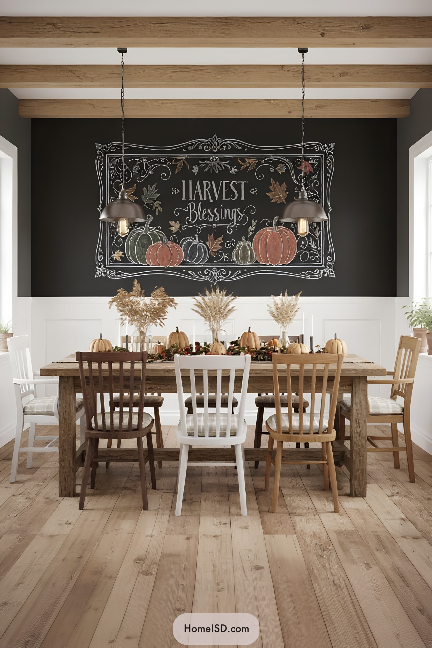 Dining area with a chalkboard wall depicting pumpkins and harvest blessings