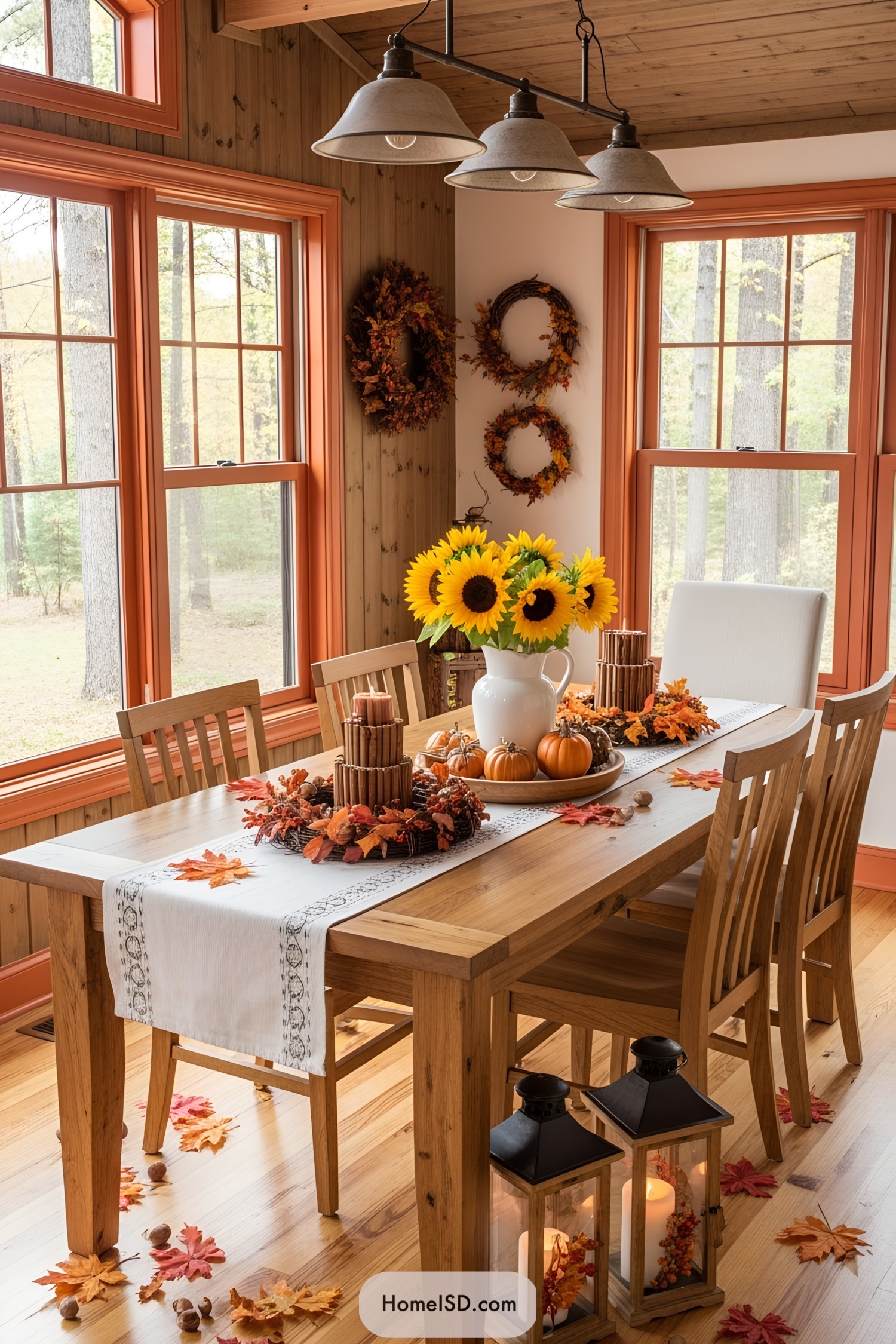 Thanksgiving table adorned with sunflowers and mini pumpkins