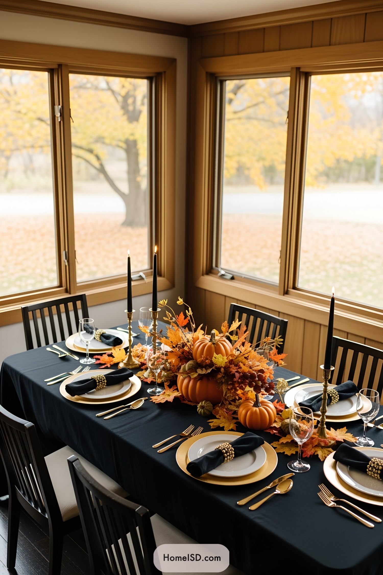 Table set with pumpkins and autumn leaves as centerpiece
