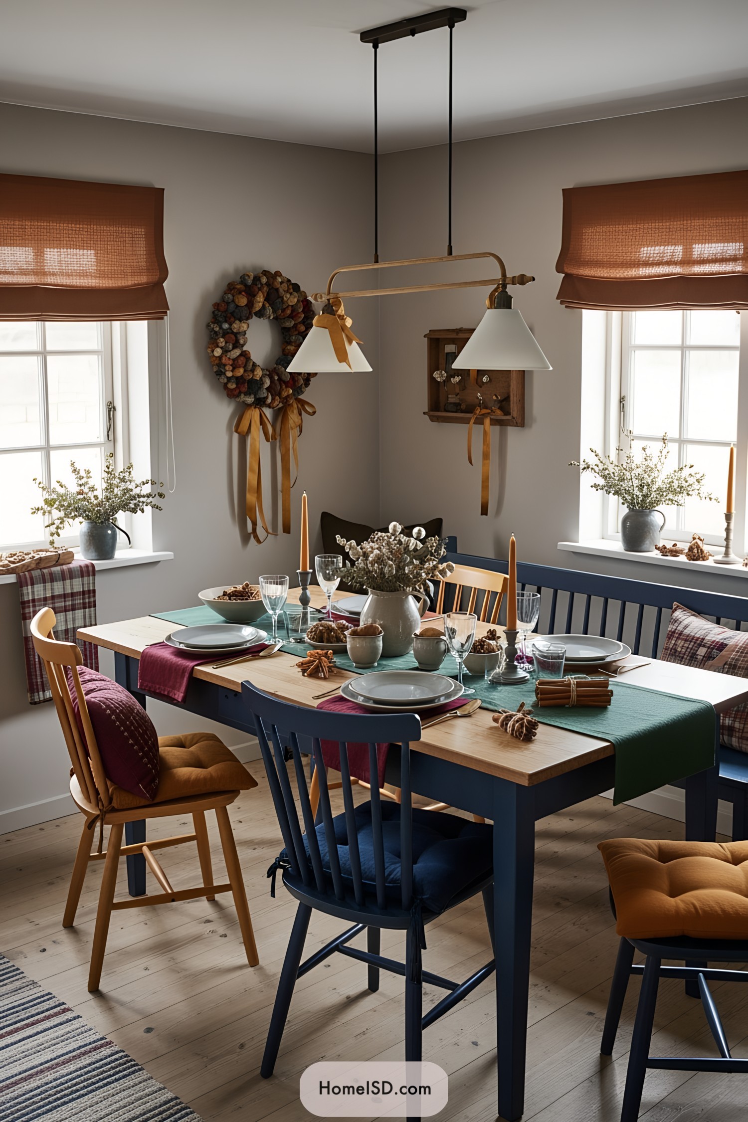 Dining table set for Thanksgiving with wreath and candles