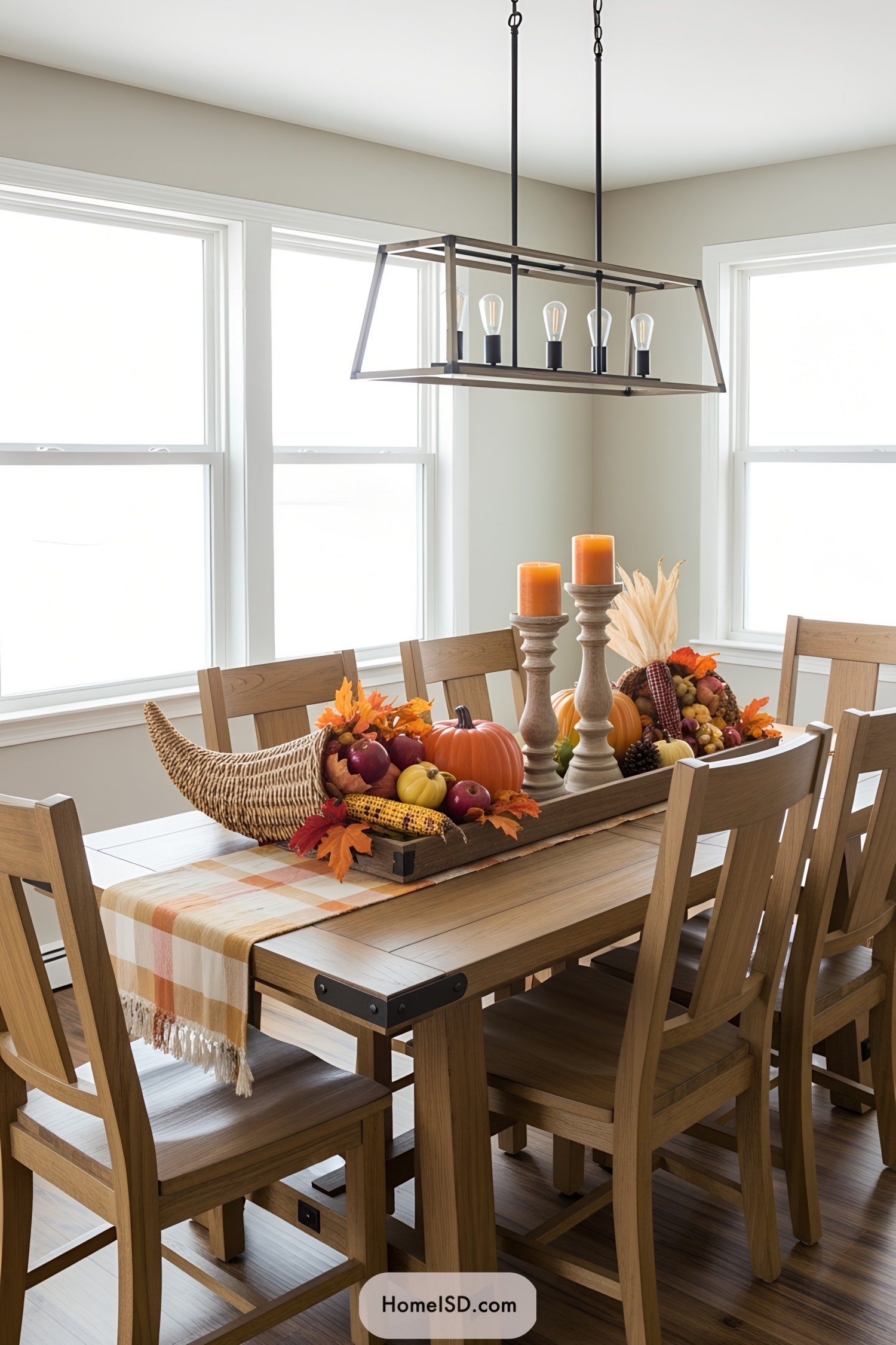 Thanksgiving table with pumpkins, candles, and a cornucopia