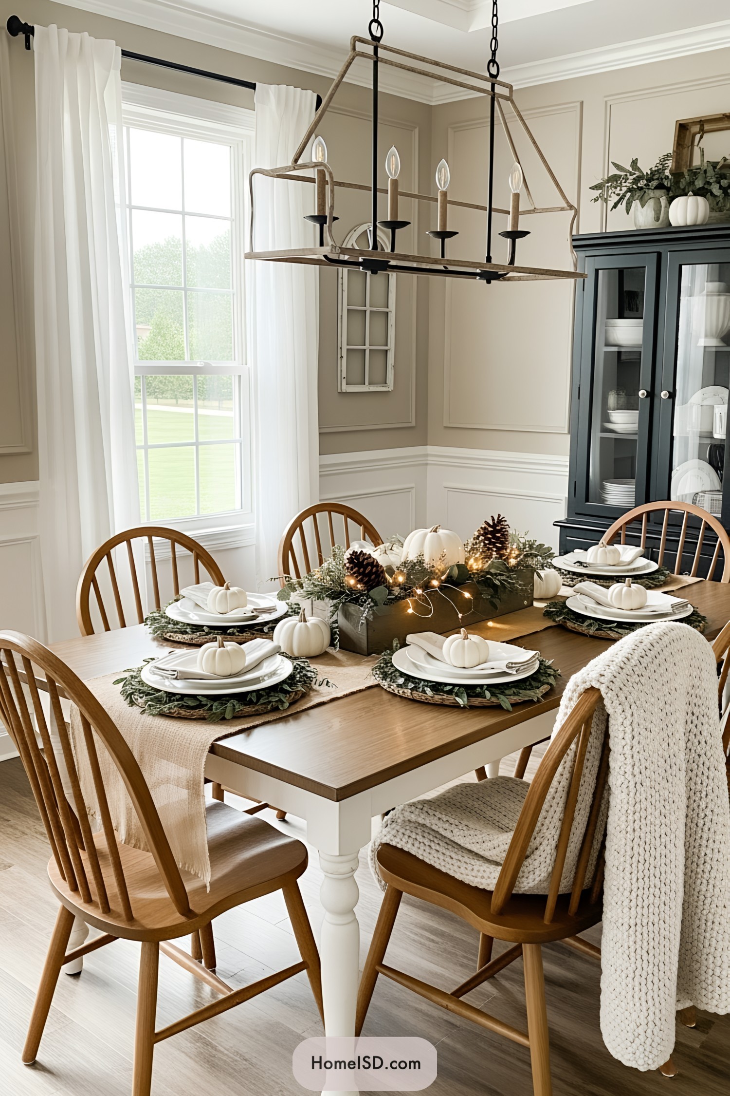 Cozy dining table decorated with mini pumpkins and fairy lights