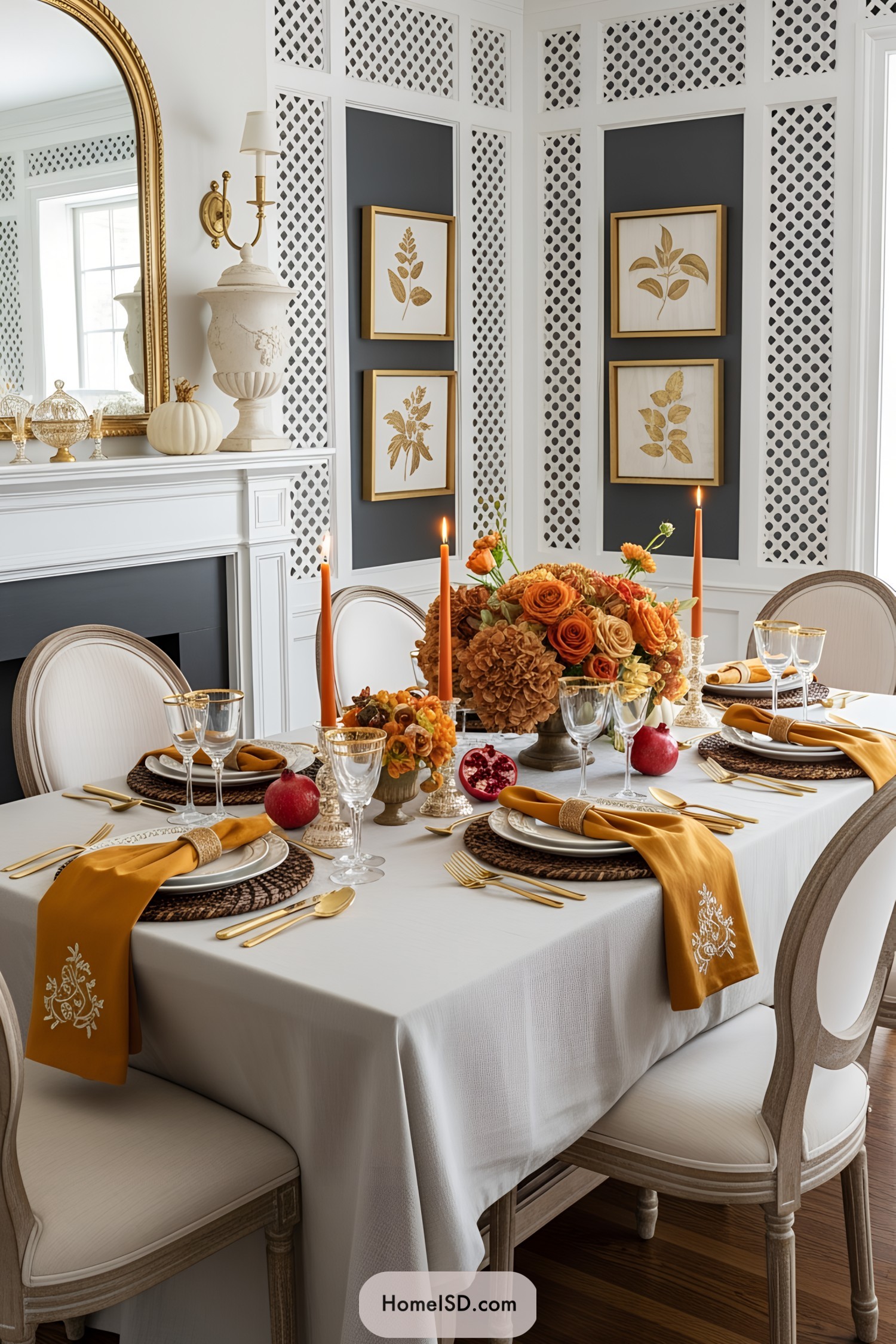 Elegant Thanksgiving table with orange accents and floral centerpiece