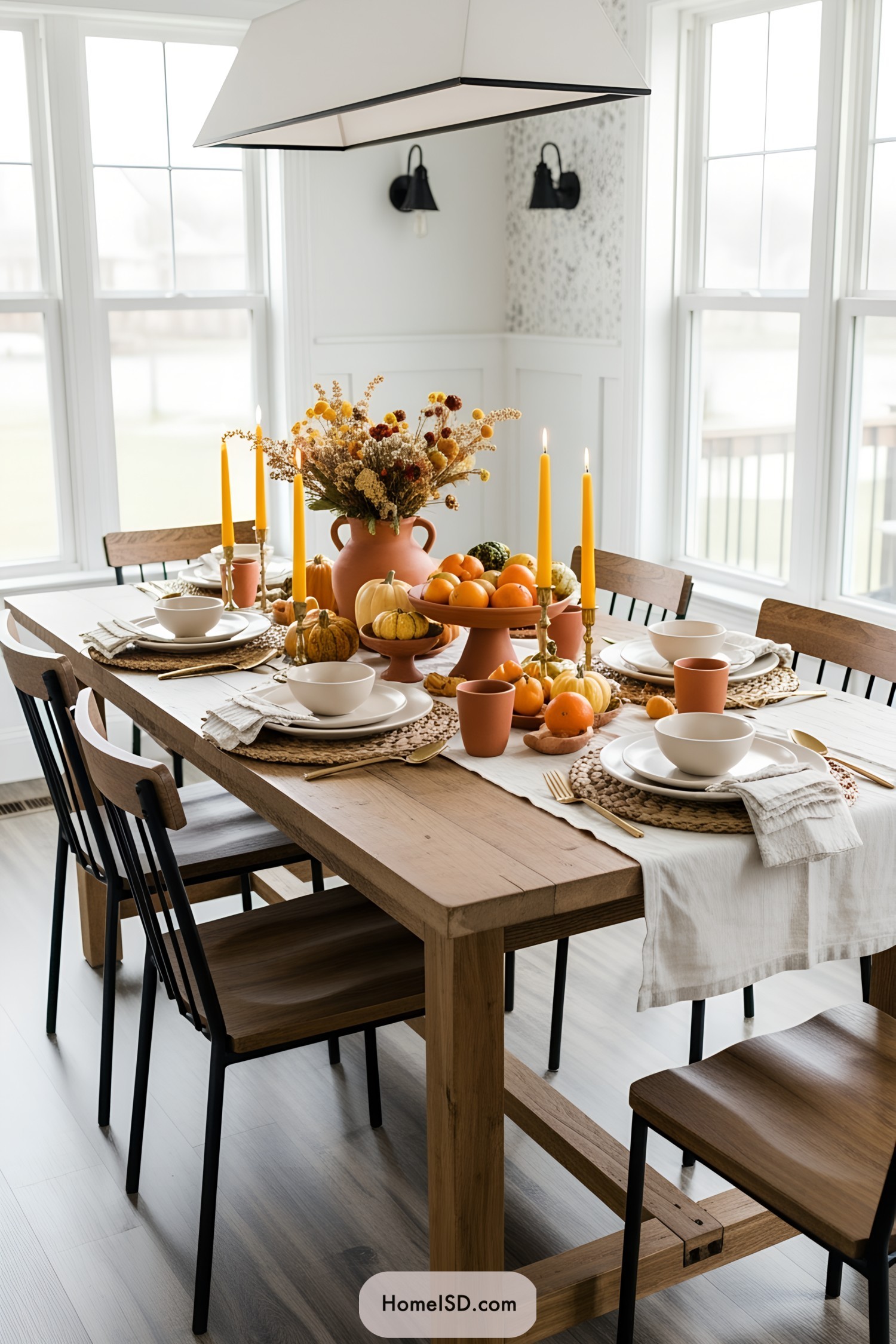 Thanksgiving table with autumn-themed decorations and candles