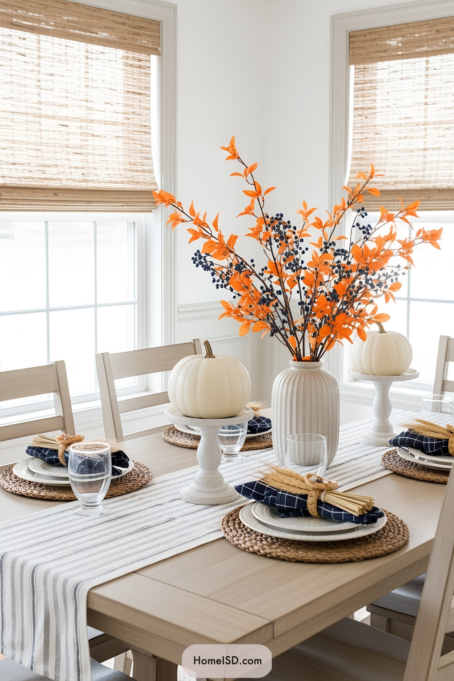 Thanksgiving table with white pumpkins and orange foliage