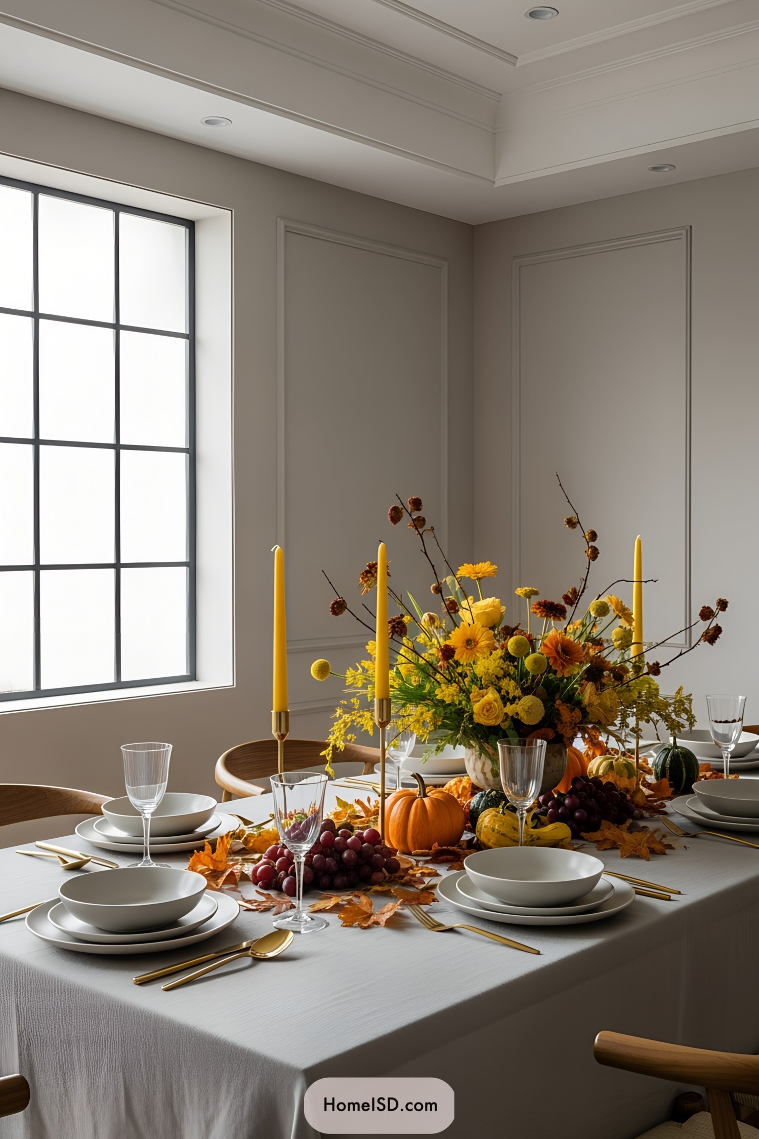 Elegant autumn-themed dining setup with pumpkins and florals