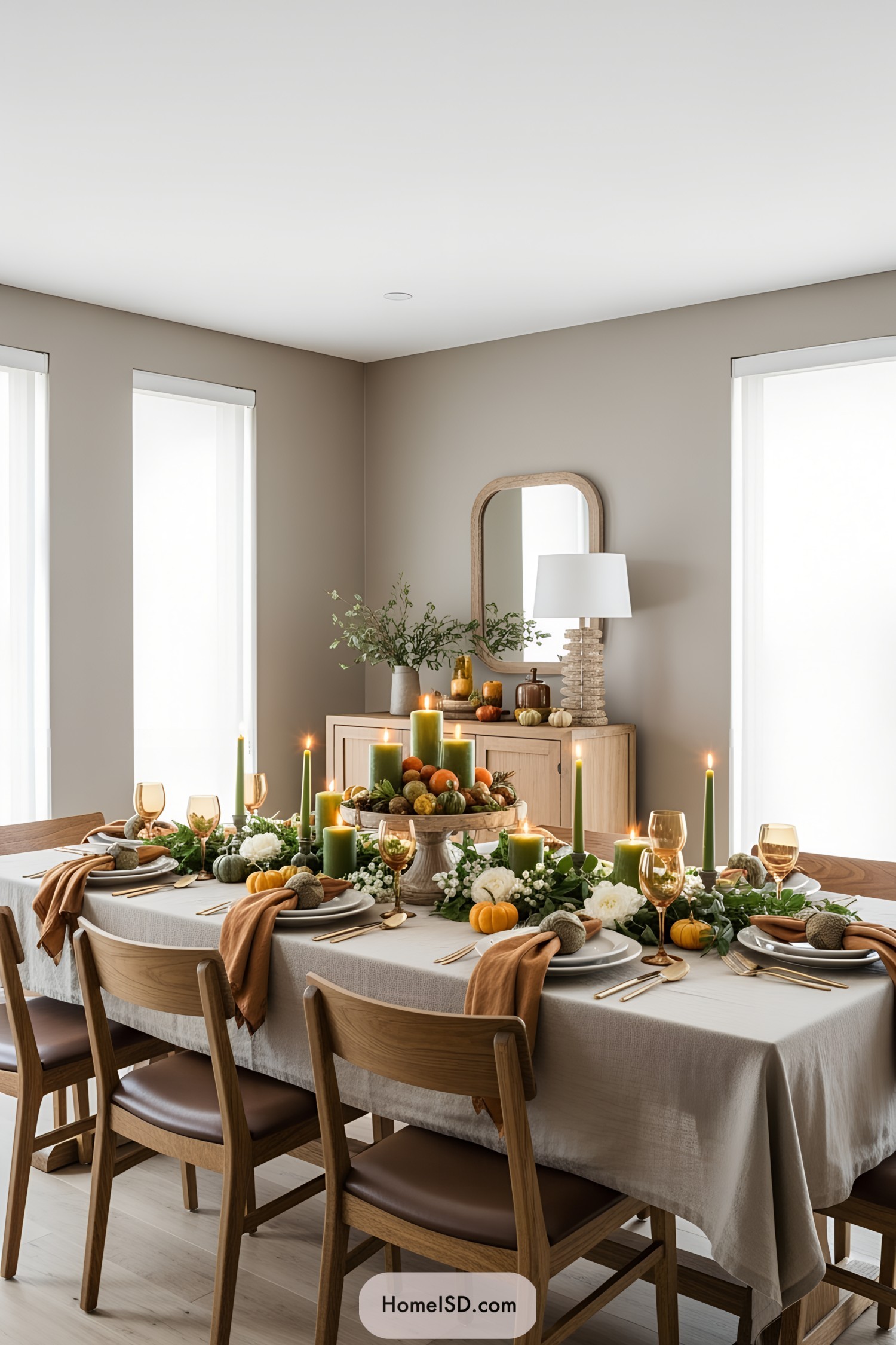 Elegant dining table decorated for Thanksgiving with candles and pumpkins