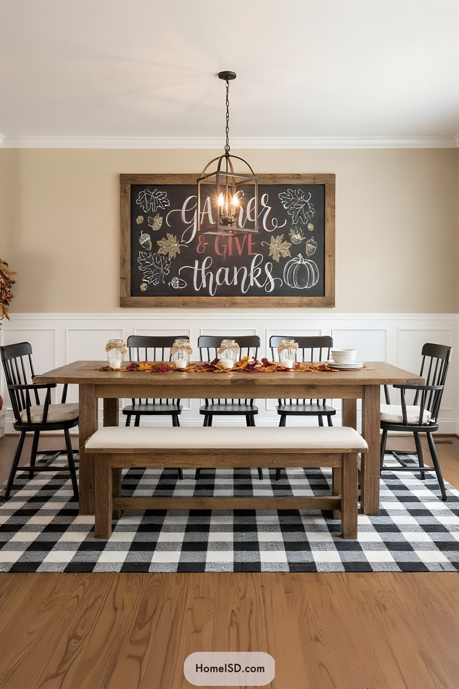 Thanksgiving-themed chalkboard art above a dining table