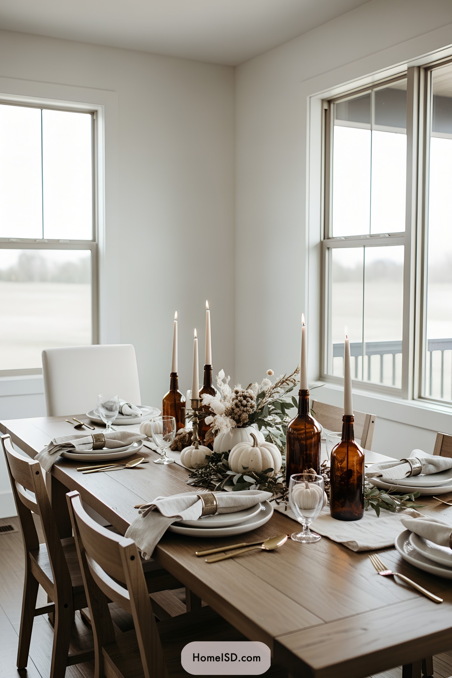 Elegant Thanksgiving table with candles and white pumpkins