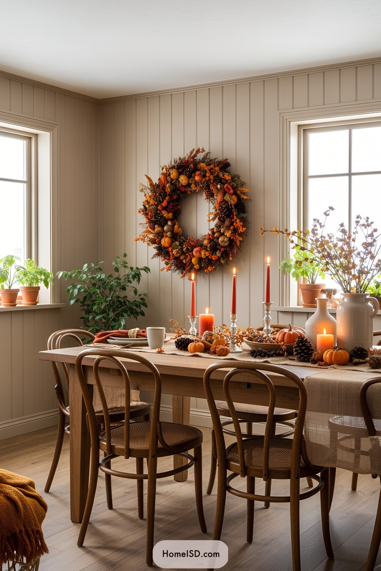 Thanksgiving-themed dining room with a wreath and candles