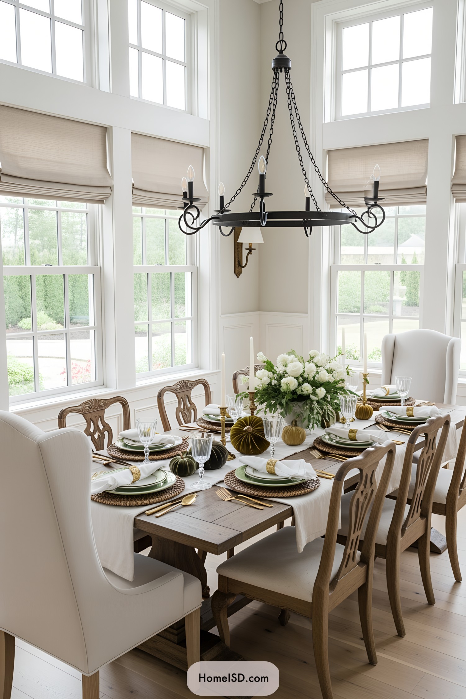 Elegant dining table set with autumn decor and a centerpiece of white flowers