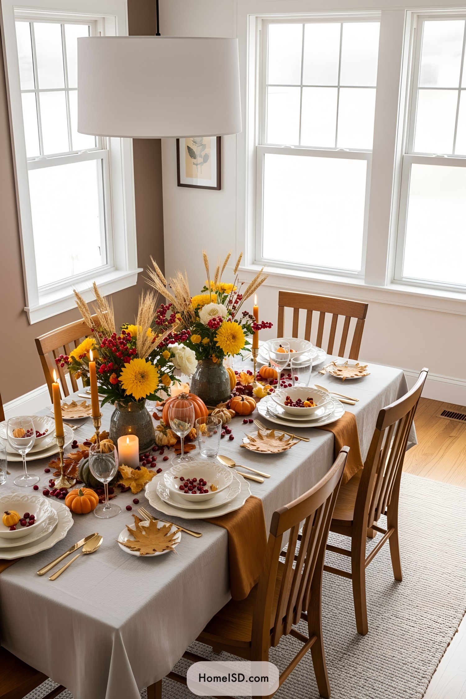 Festive table with autumnal decor and pumpkins