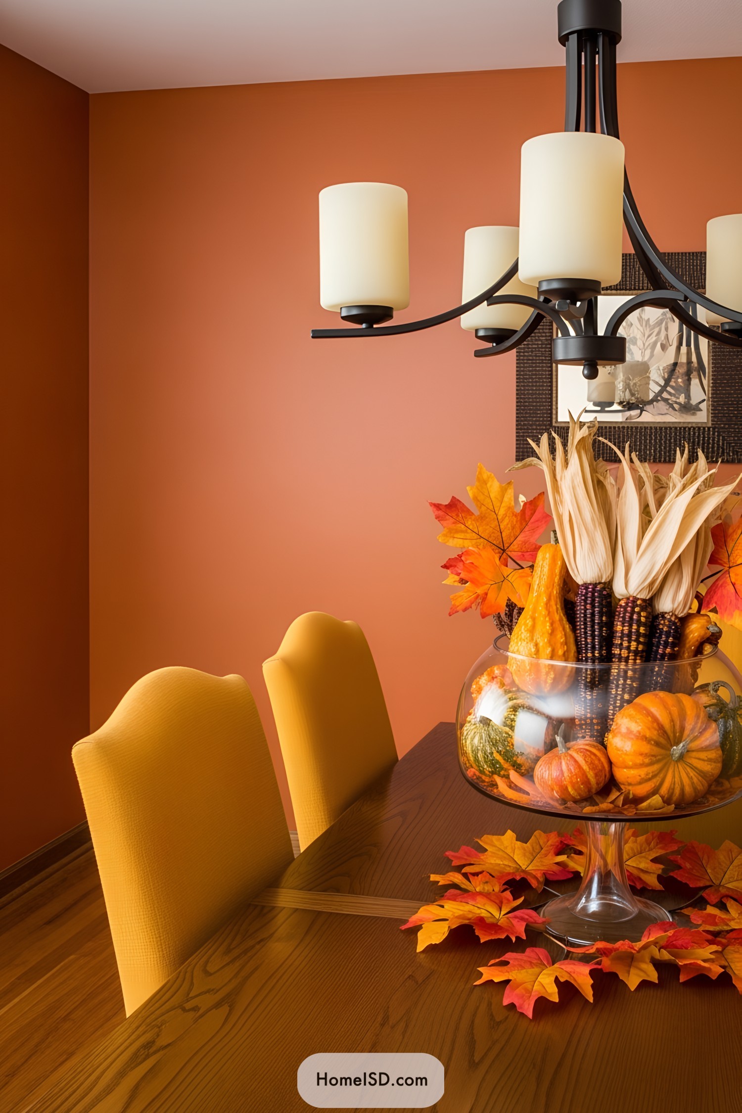 Festive autumn centerpiece on a dining table with orange chairs