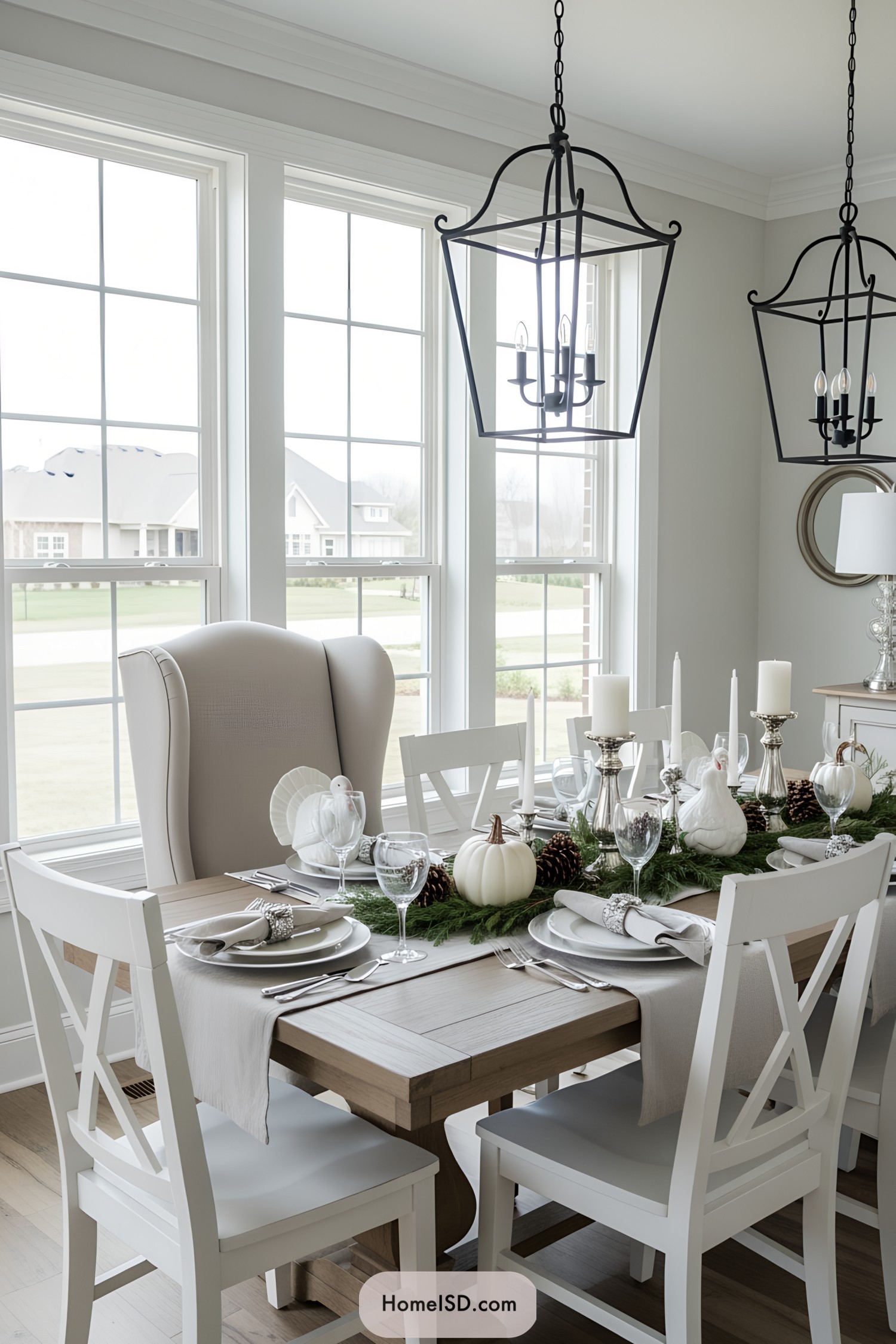 Elegant Thanksgiving table setup with white pumpkins and greenery