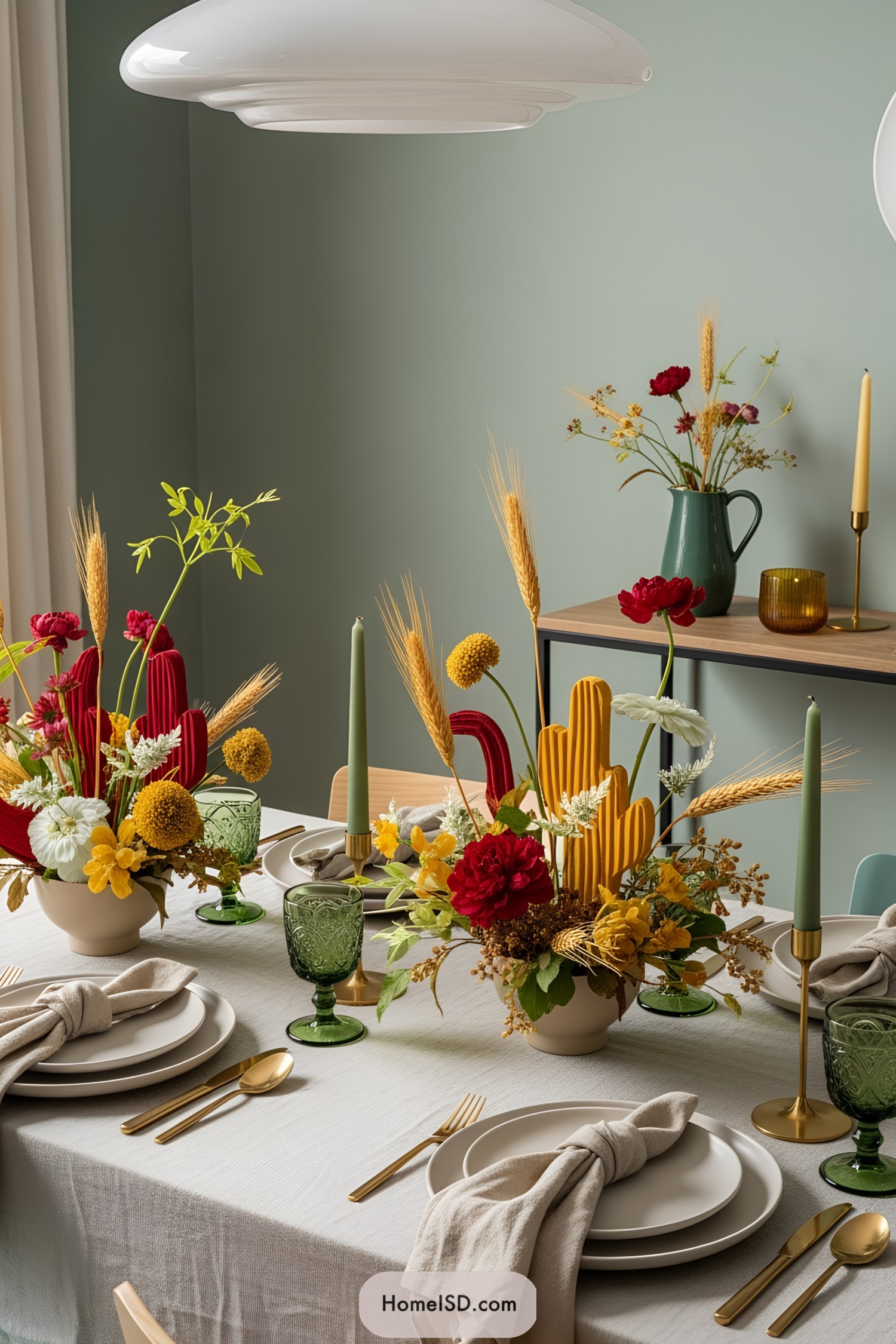 Thanksgiving table with vibrant floral centerpiece and elegant green candles