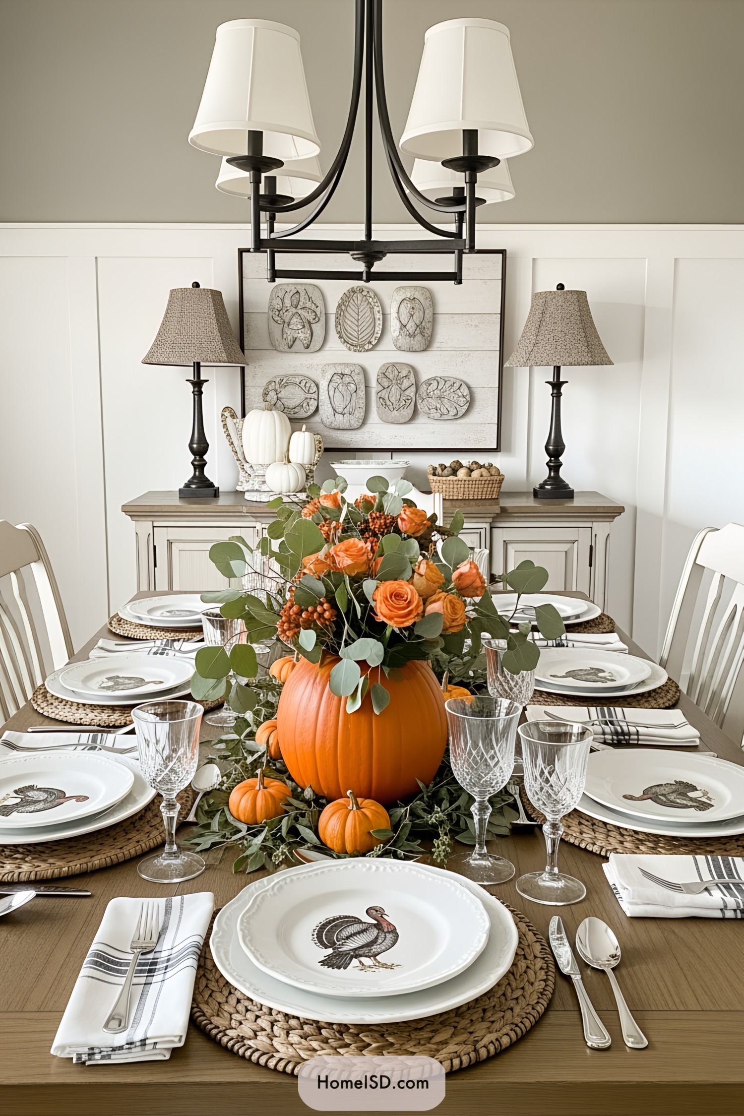Thanksgiving table with pumpkin centerpiece and place settings