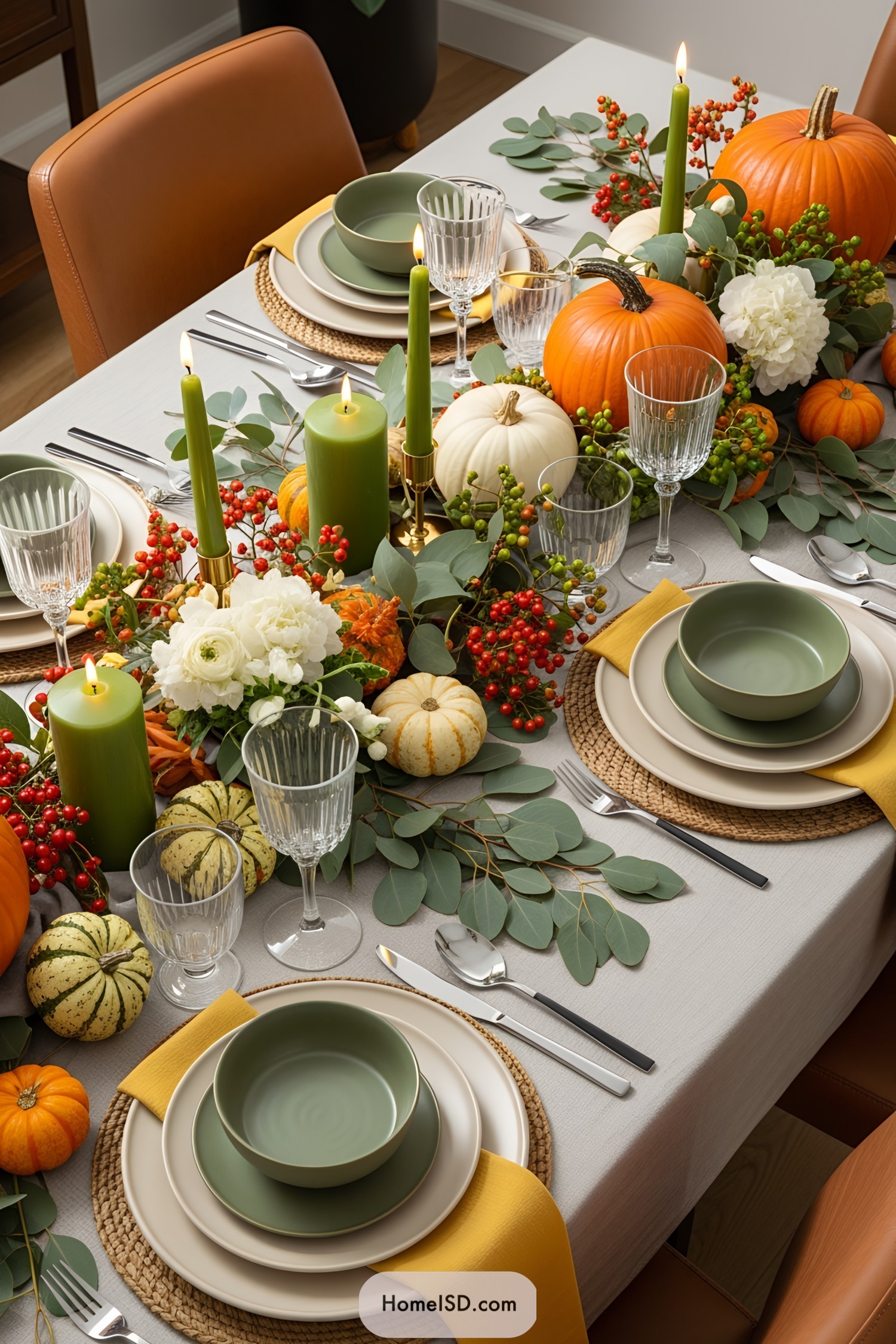 Elegant Thanksgiving table setting with pumpkins and candles